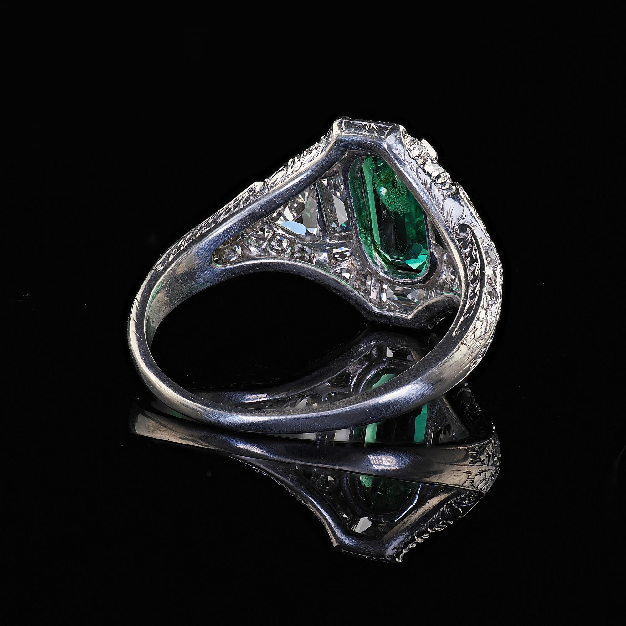 Antique Art Deco Marcus Co Platinum Diamond No Oil Emerald Engagement Ring - GIA For Sale 7