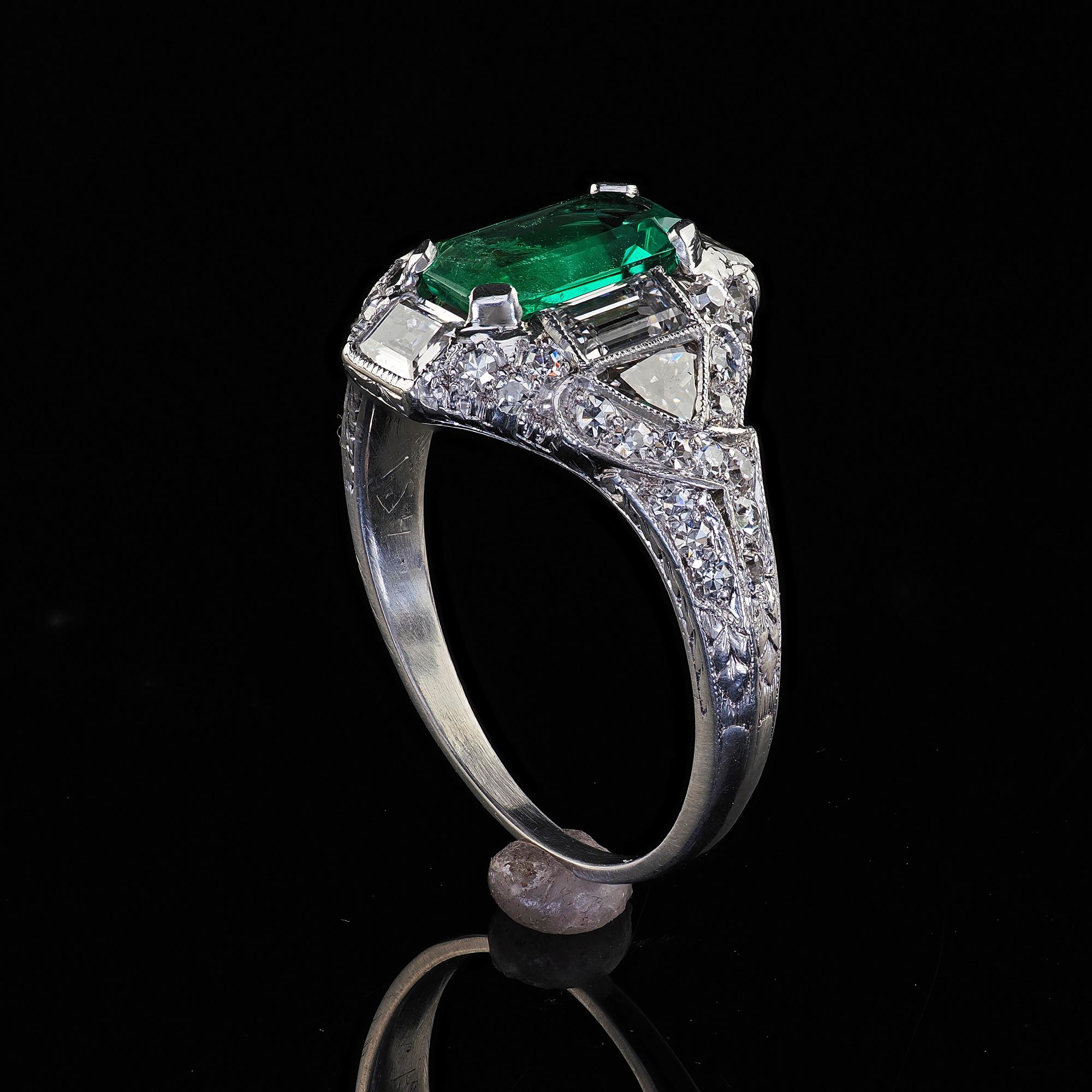 Antique Art Deco Marcus Co Platinum Diamond No Oil Emerald Engagement Ring - GIA For Sale 8