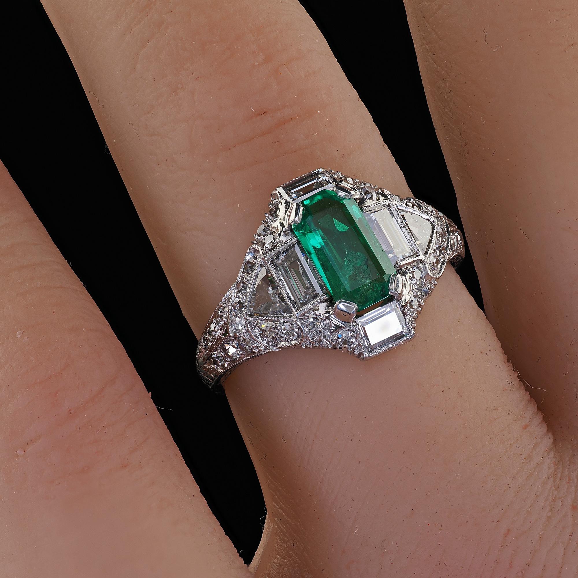 Antique Art Deco Marcus Co Platinum Diamond No Oil Emerald Engagement Ring - GIA For Sale 9
