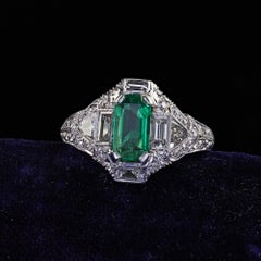 Bague de fiançailles Art déco ancienne Marcus Co en platine, diamant, sans huile, émeraude, certifiée GIA