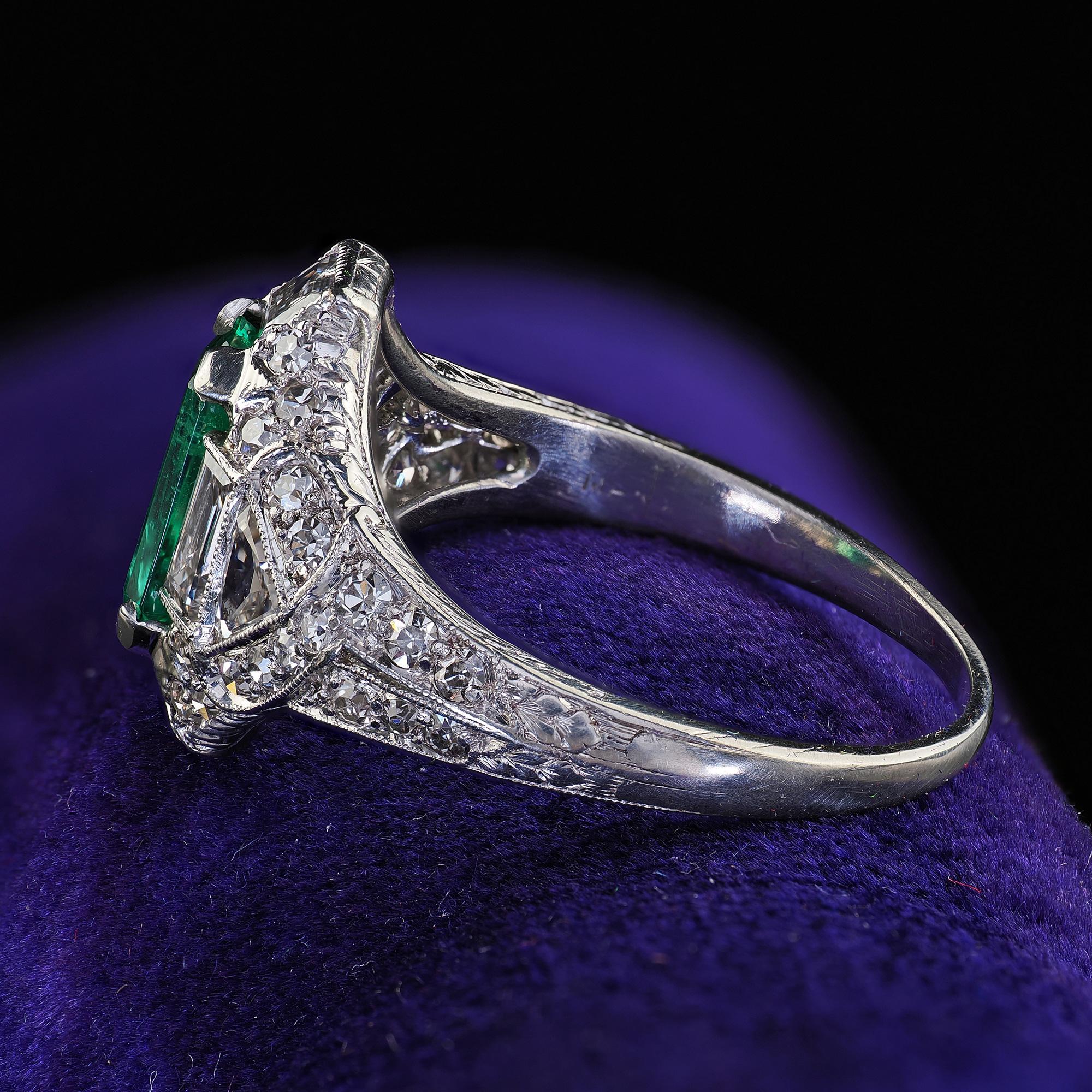 Women's Antique Art Deco Marcus Co Platinum Diamond No Oil Emerald Engagement Ring - GIA For Sale