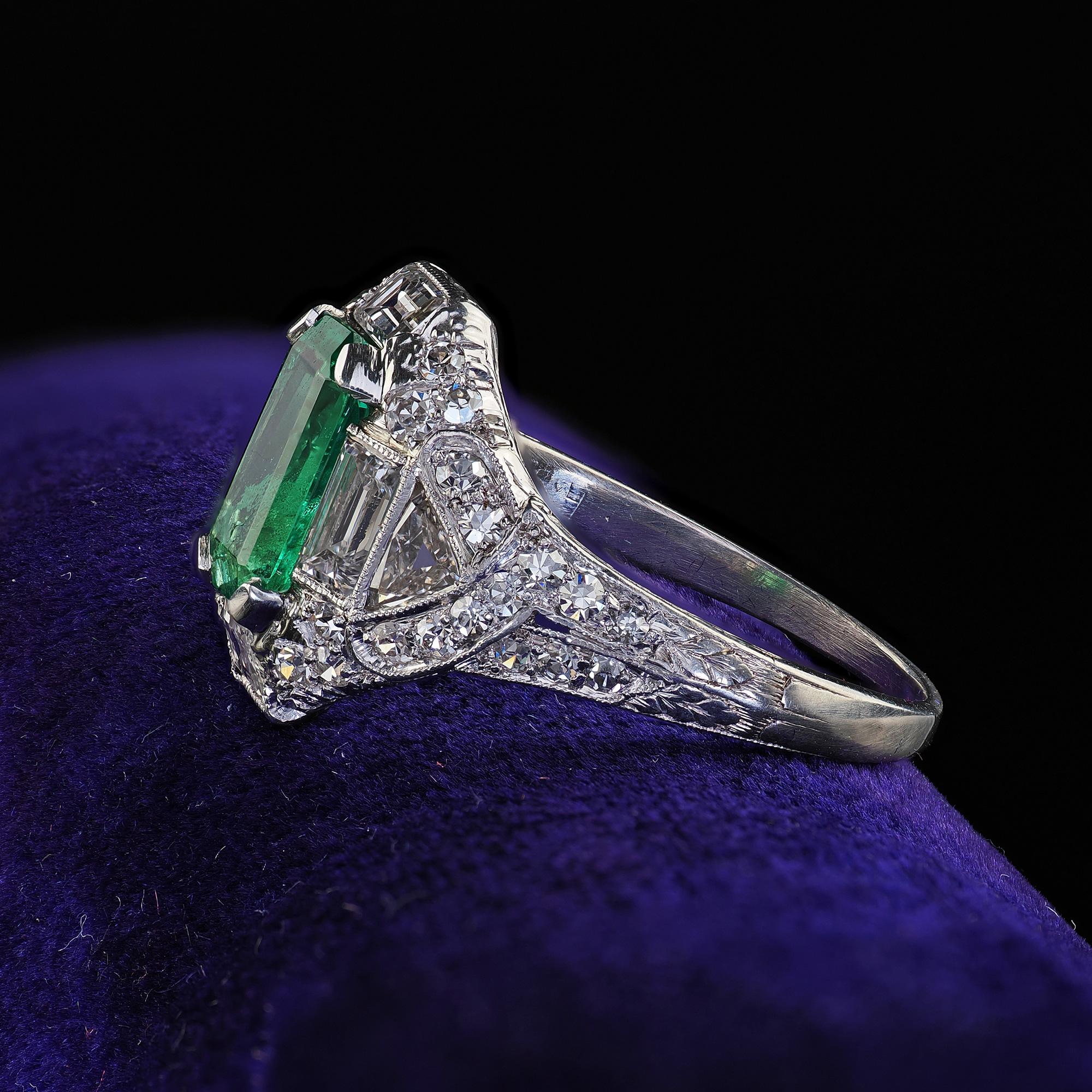 Antique Art Deco Marcus Co Platinum Diamond No Oil Emerald Engagement Ring - GIA For Sale 1