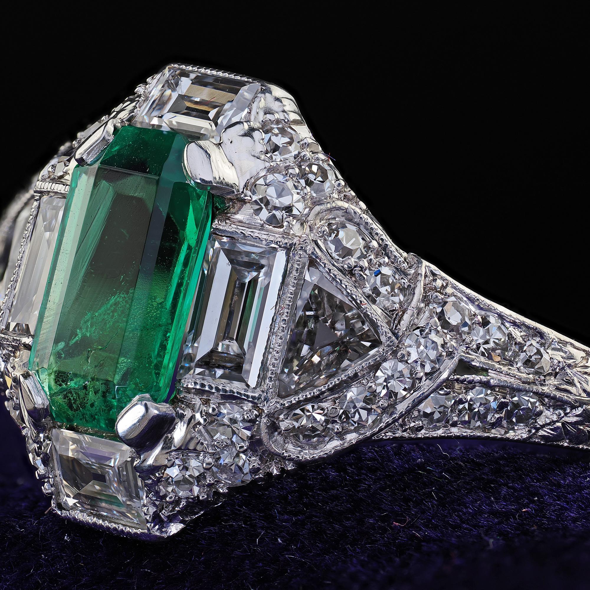 Antique Art Deco Marcus Co Platinum Diamond No Oil Emerald Engagement Ring - GIA For Sale 2