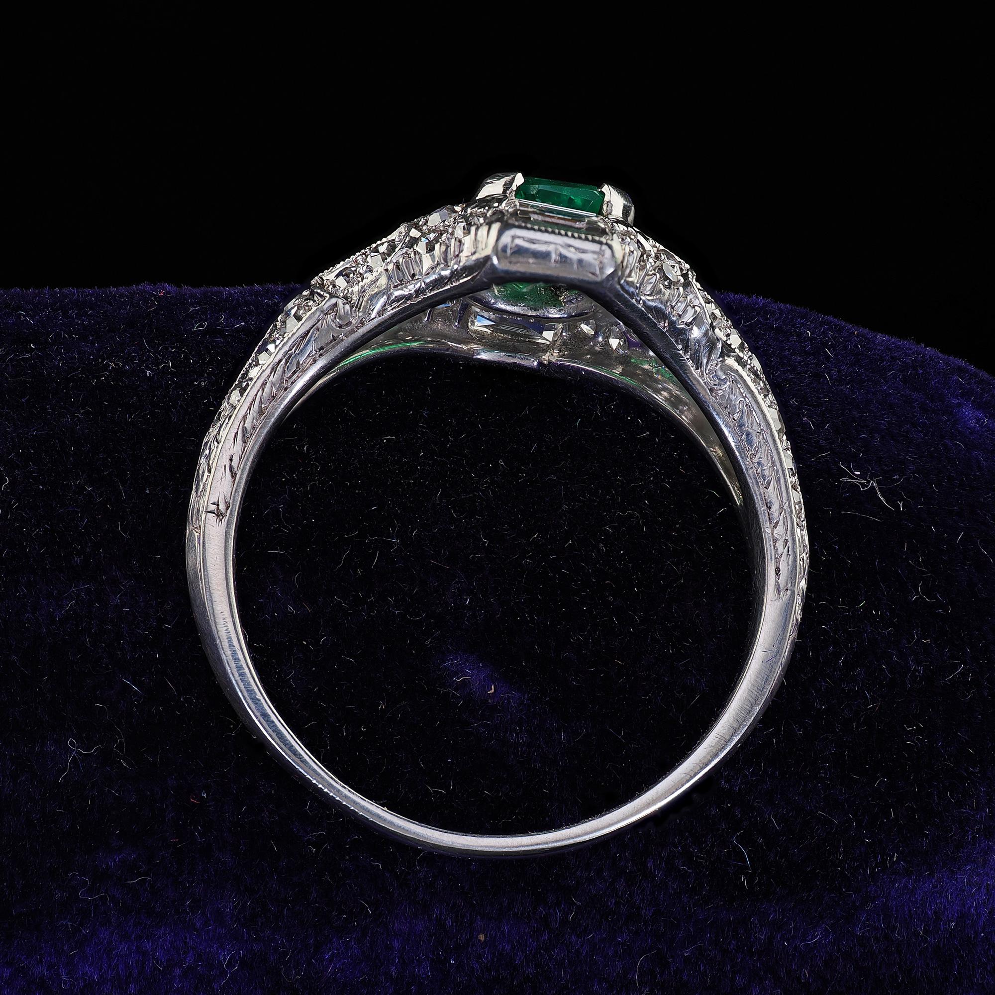 Antique Art Deco Marcus Co Platinum Diamond No Oil Emerald Engagement Ring - GIA For Sale 3