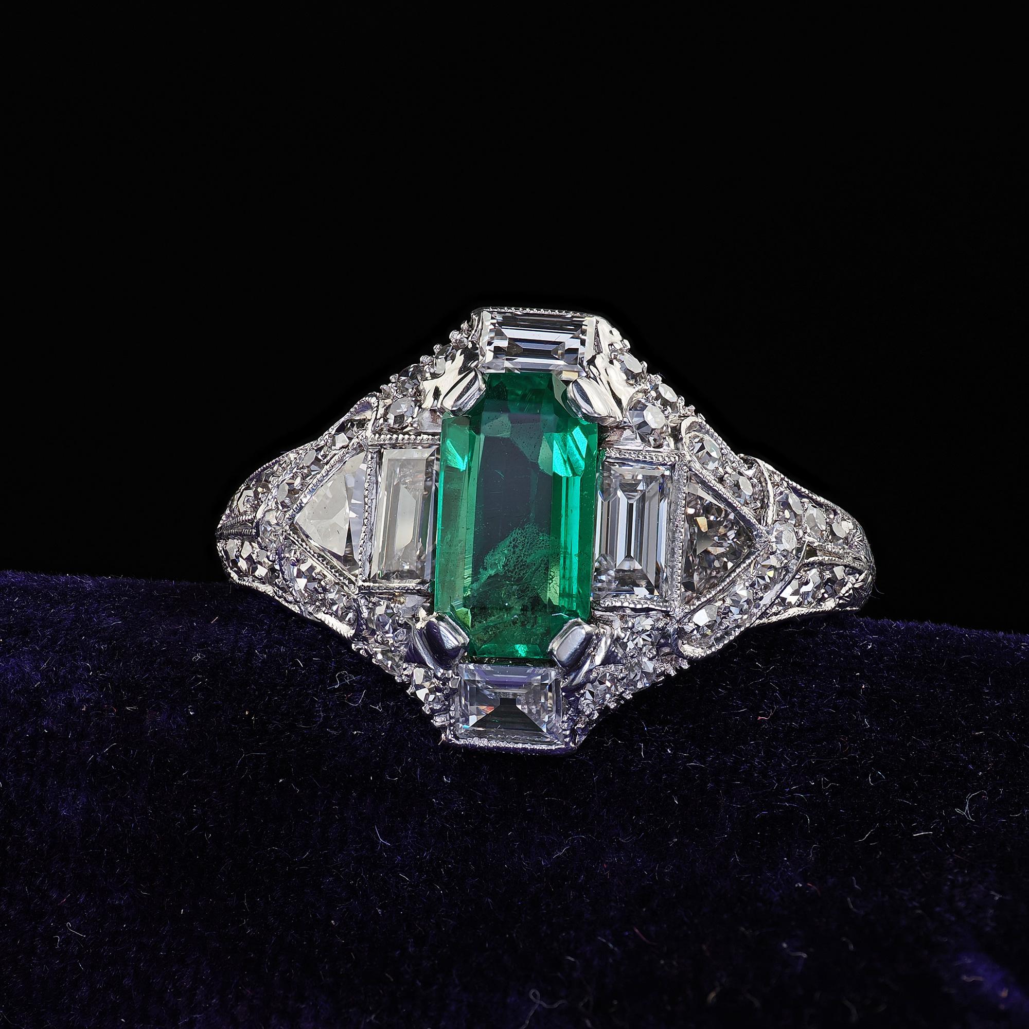 Antique Art Deco Marcus Co Platinum Diamond No Oil Emerald Engagement Ring - GIA For Sale 4