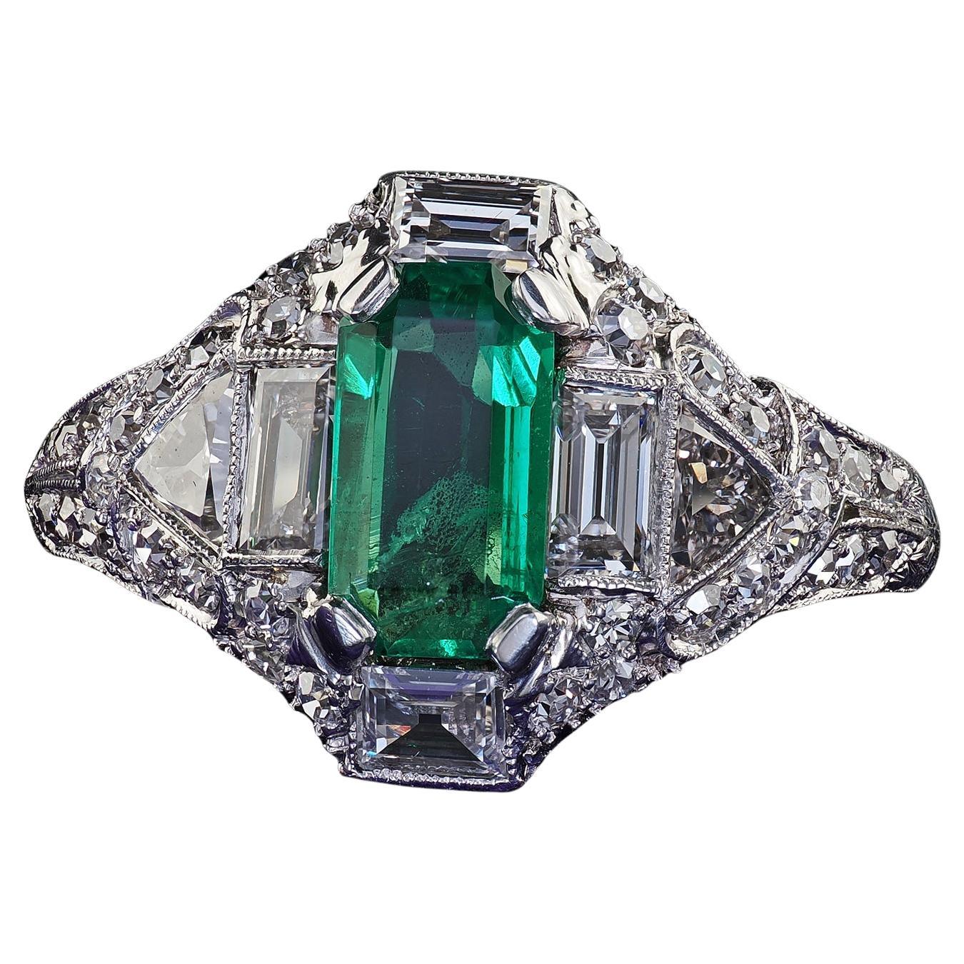 Antique Art Deco Marcus Co Platinum Diamond No Oil Emerald Engagement Ring - GIA