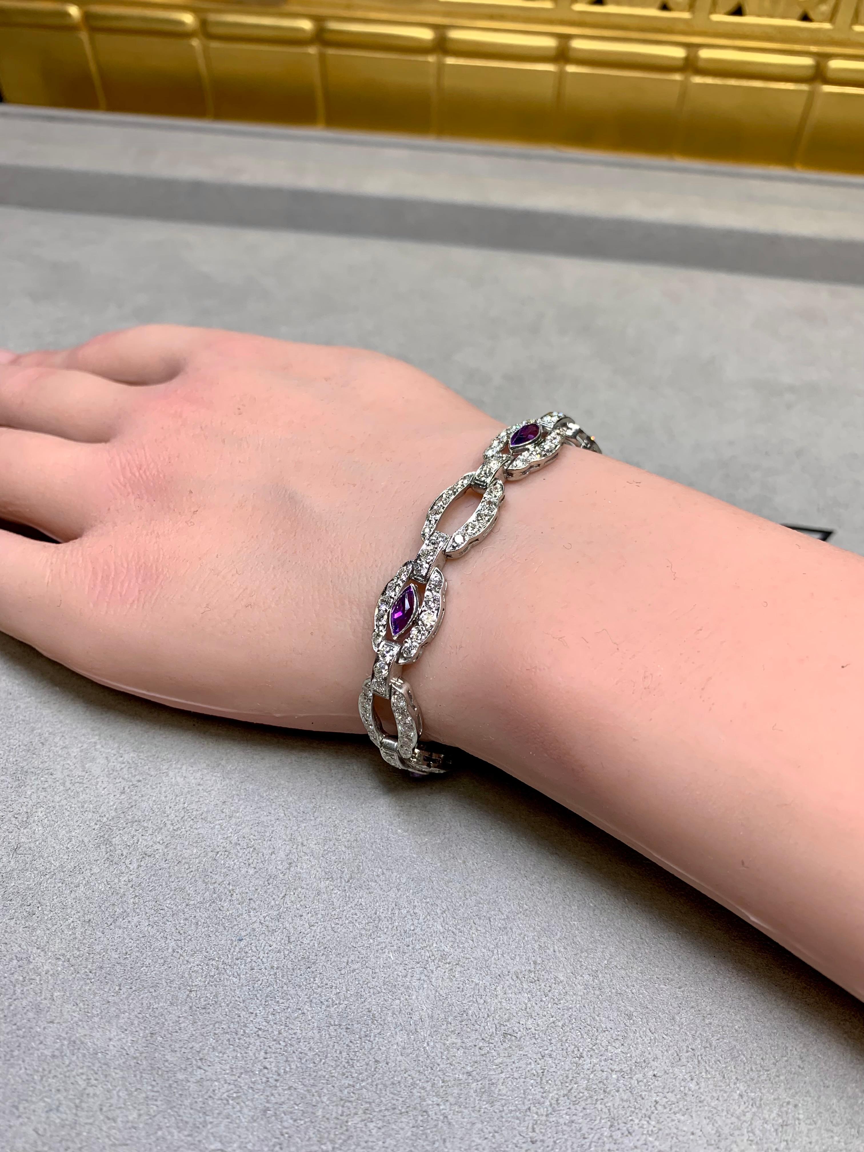 Antiguo Art Decó Marquesa Amatista Europea Diamante Cóctel Pulsera 6ctw 7