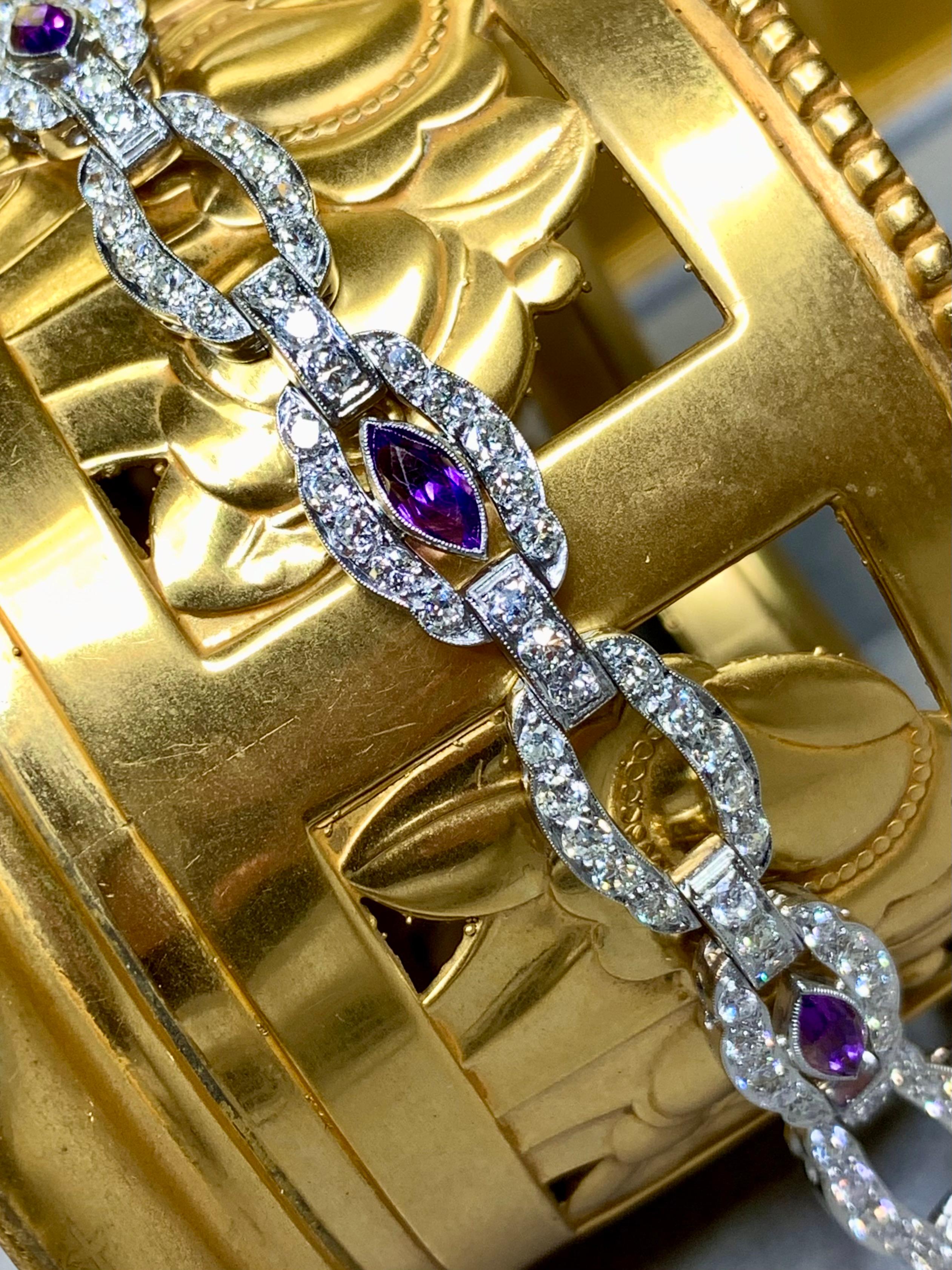 Antiguo Art Decó Marquesa Amatista Europea Diamante Cóctel Pulsera 6ctw 7