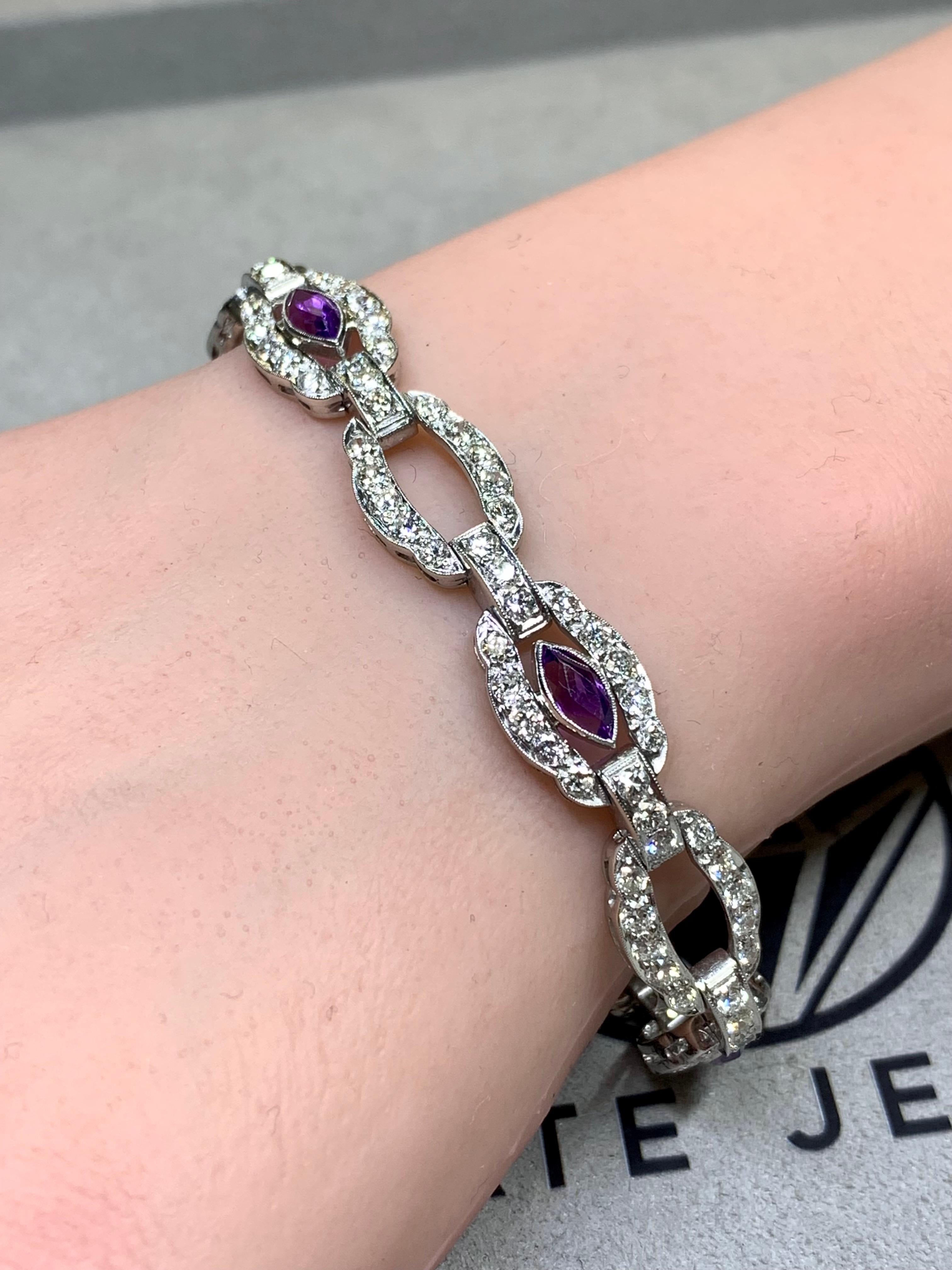 Antiguo Art Decó Marquesa Amatista Europea Diamante Cóctel Pulsera 6ctw 7