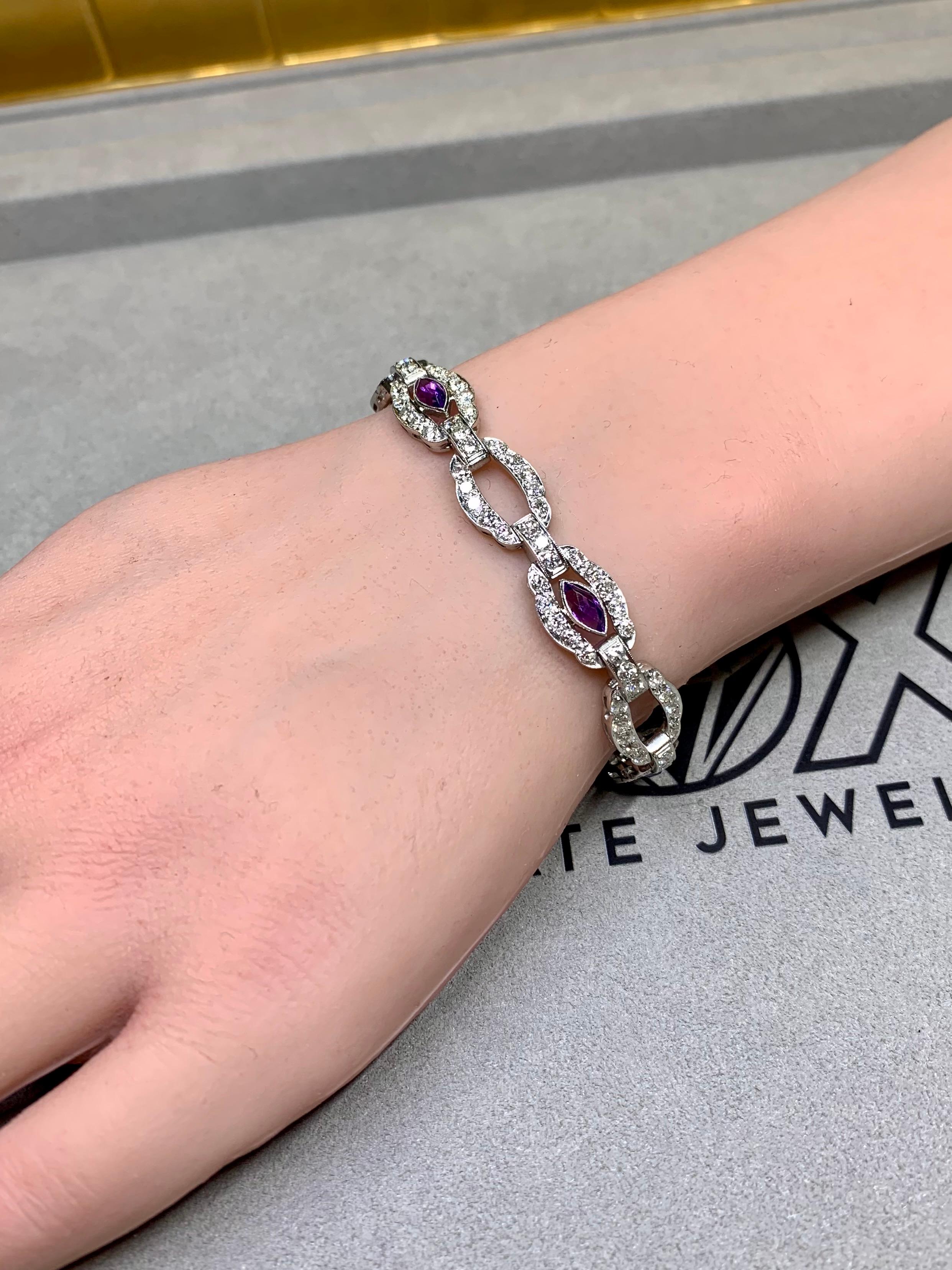 Antiguo Art Decó Marquesa Amatista Europea Diamante Cóctel Pulsera 6ctw 7