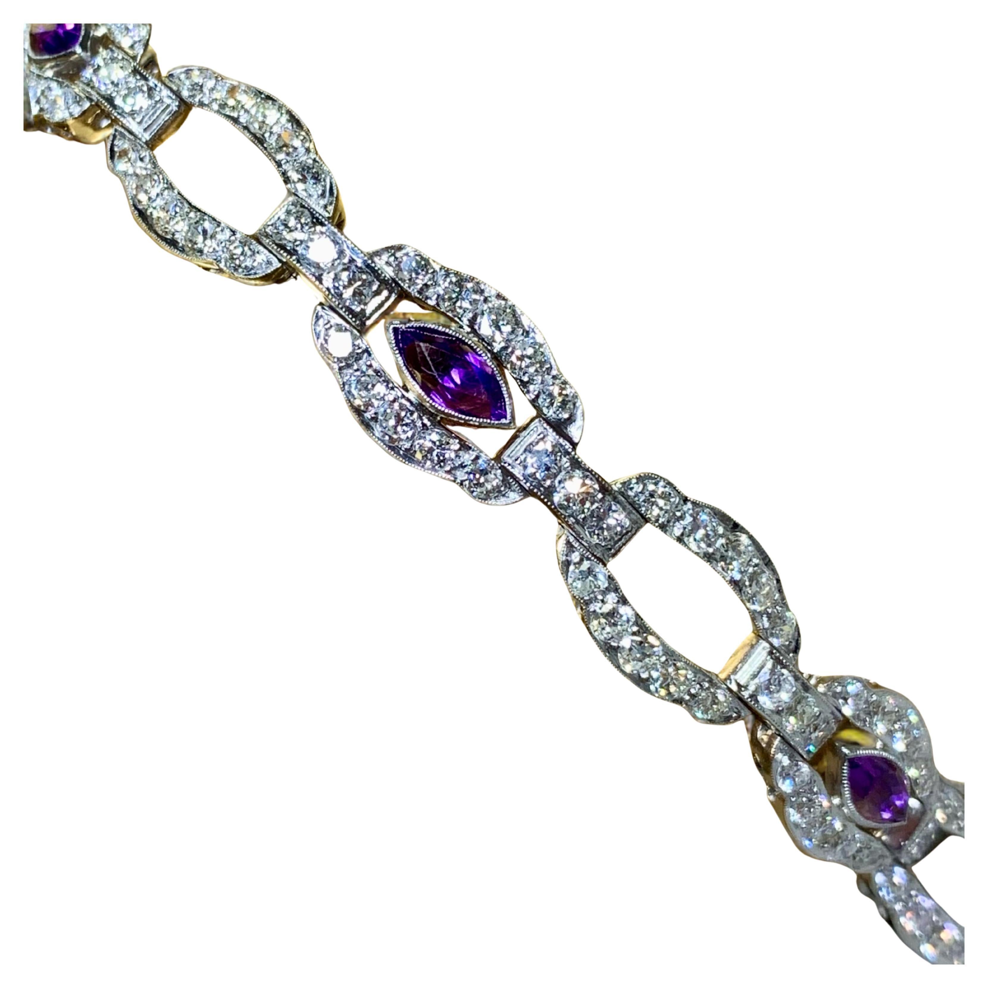 Bracciale da cocktail antico Art Deco Marquise Ametista Europeo Diamante 6ctw 7"