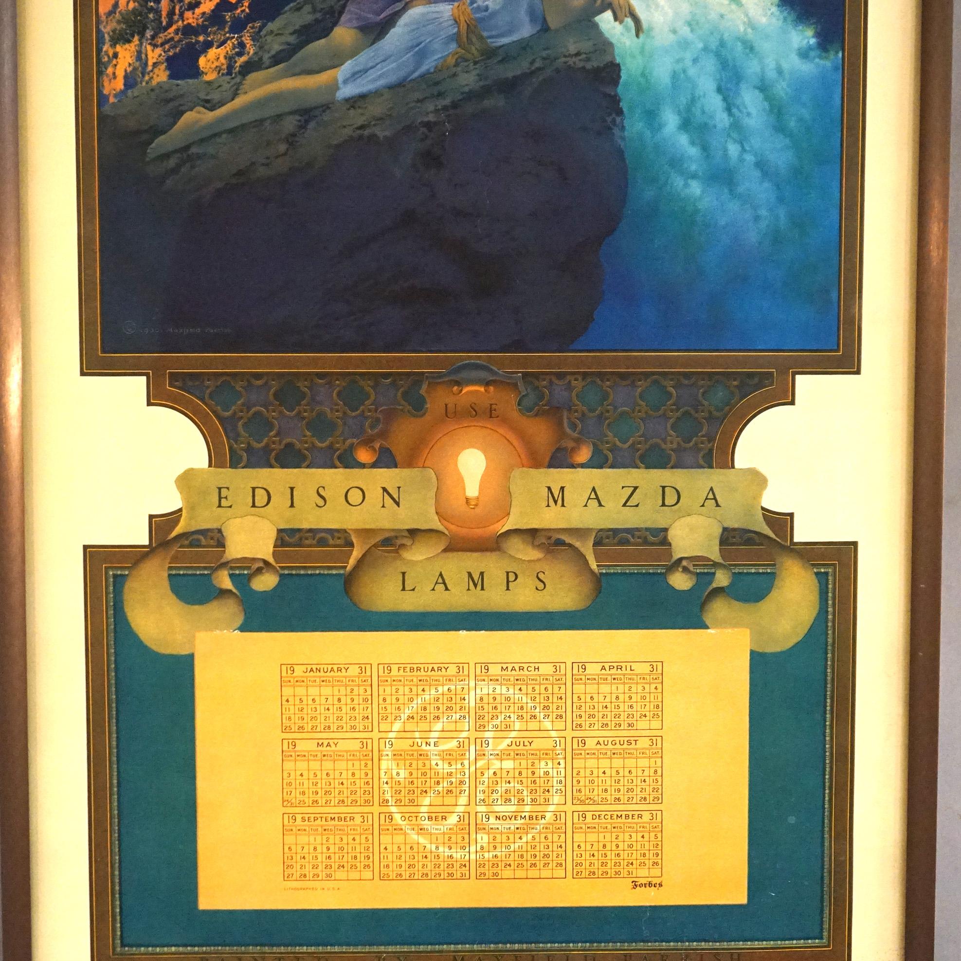 Antique Art Deco Maxfield Parrish Waterfall Edison Mazda Calendar, Framed, C1931 In Good Condition In Big Flats, NY