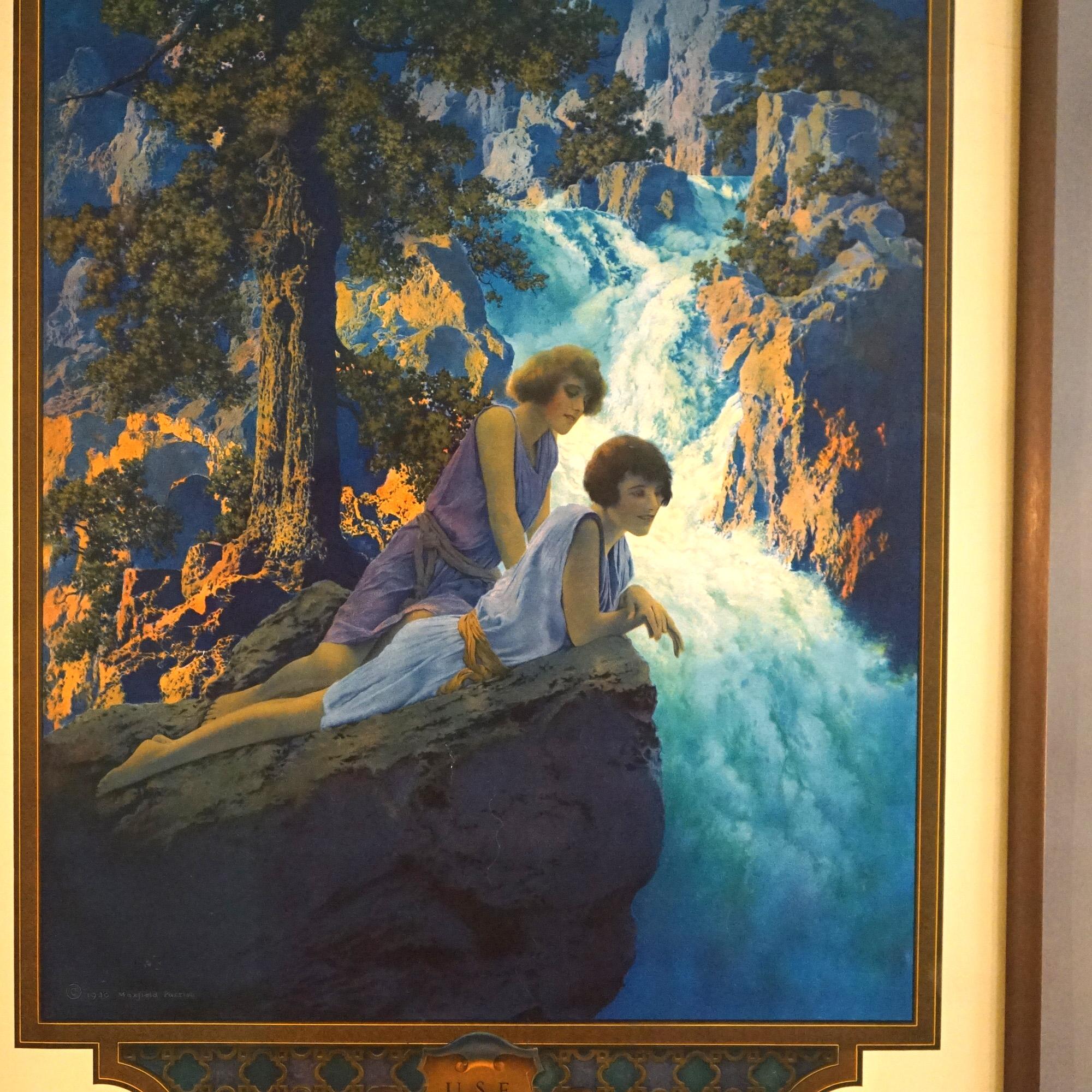 20th Century Antique Art Deco Maxfield Parrish Waterfall Edison Mazda Calendar, Framed, C1931