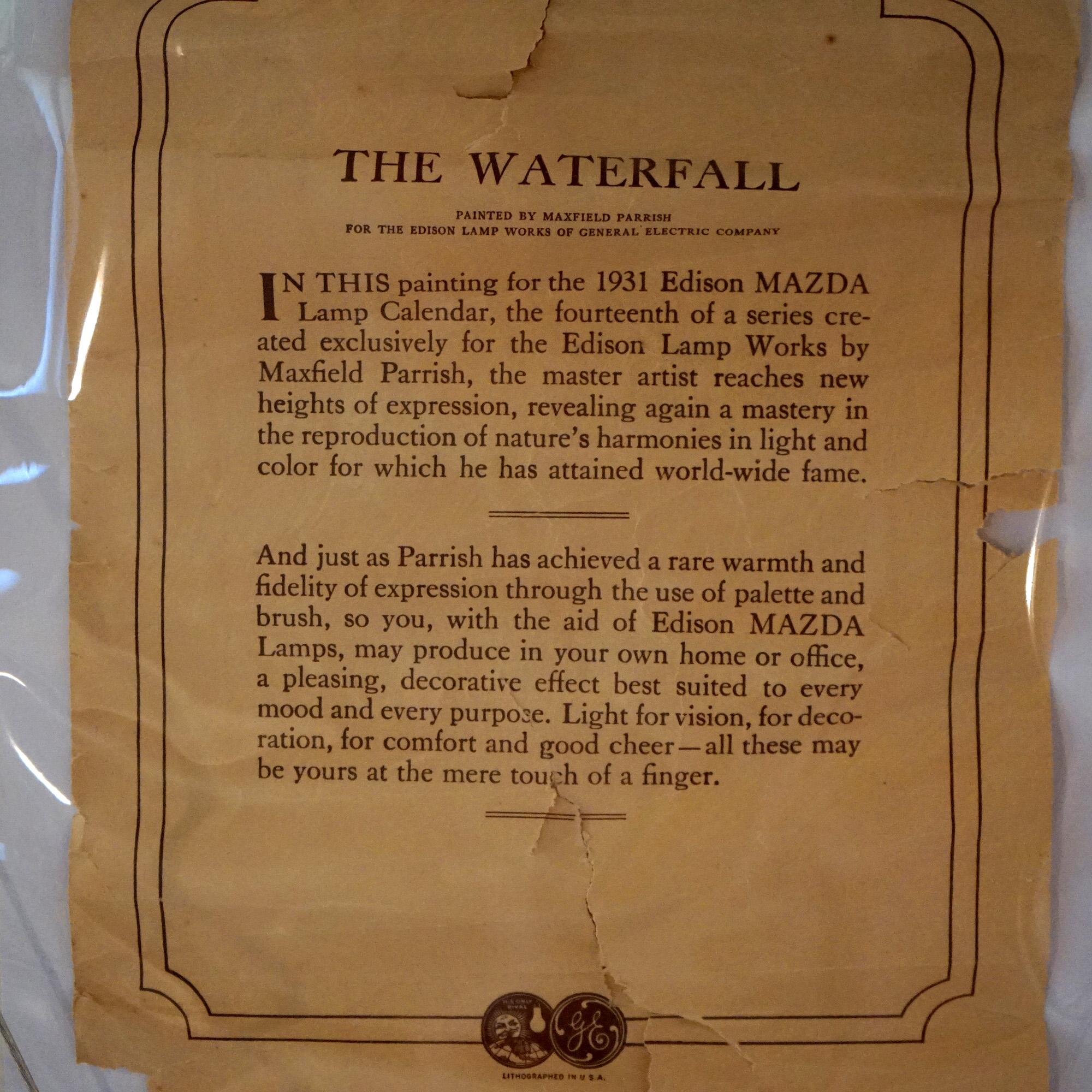 Antique Art Deco Maxfield Parrish Waterfall Edison Mazda Calendar, Framed, C1931 2