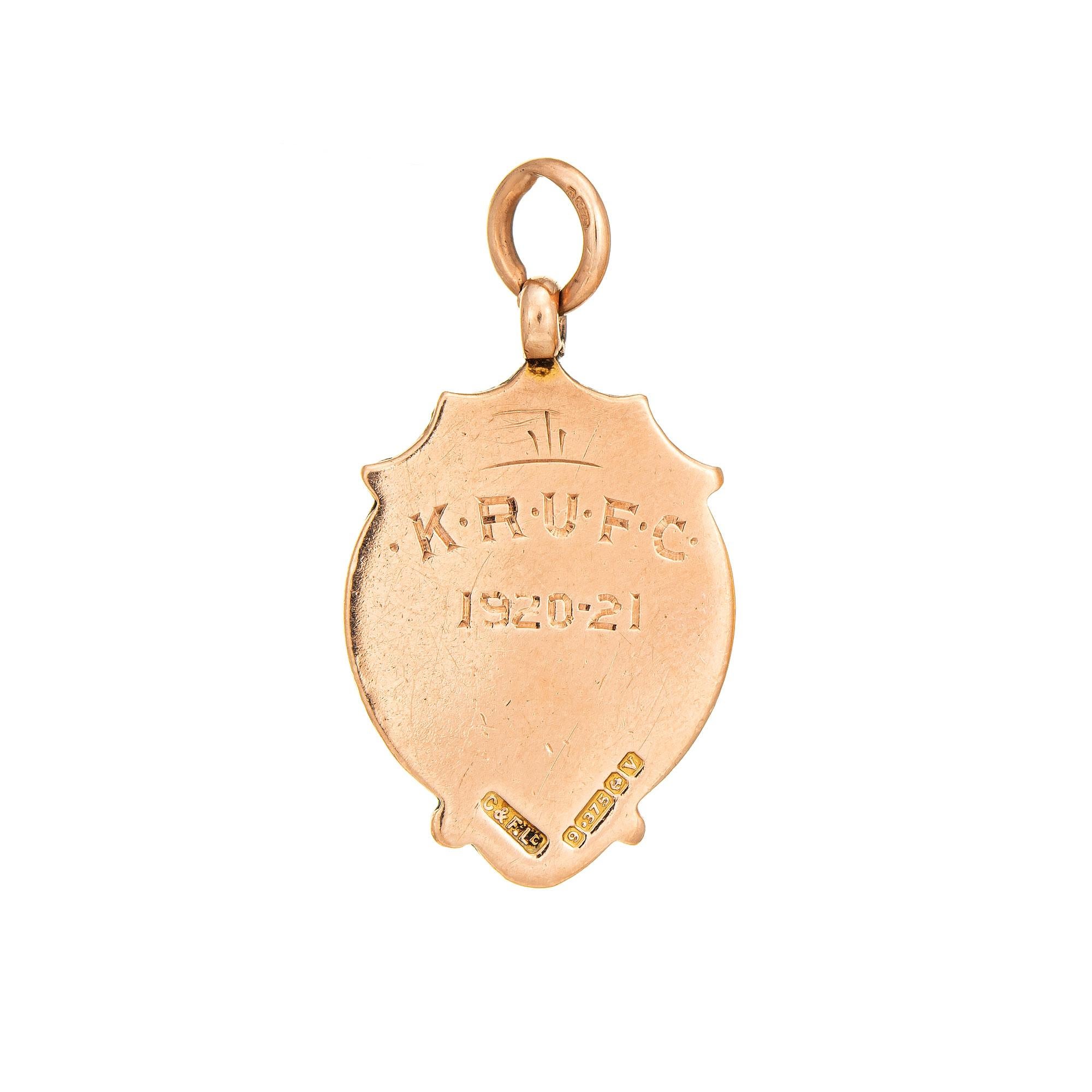 Elaborate antique Art Deco era medallion (circa 1906-7) crafted in 9 karat rose gold. 

The beautifully detailed medallion dates to 1920-21, designed with a football motif to commemorate the season (given the shape of the ball we believe the sport