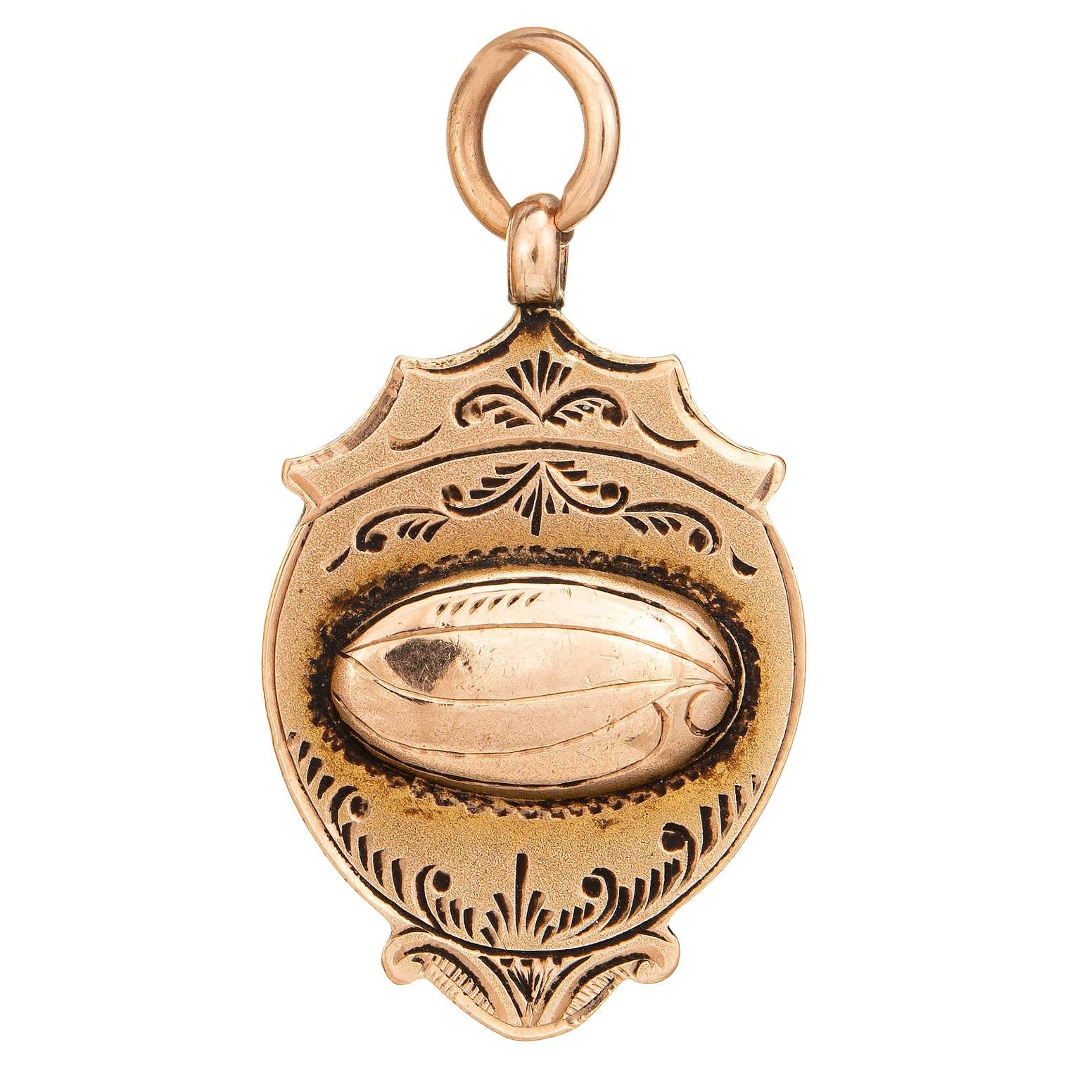 Antique Art Deco Medallion 9k Rose Gold Pendant Football Fine Jewelry Fob, 1920 For Sale