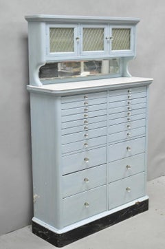 Antique Art Deco Medical Dental Cabinet Blue Painted w/Mirror and 22 Drawers