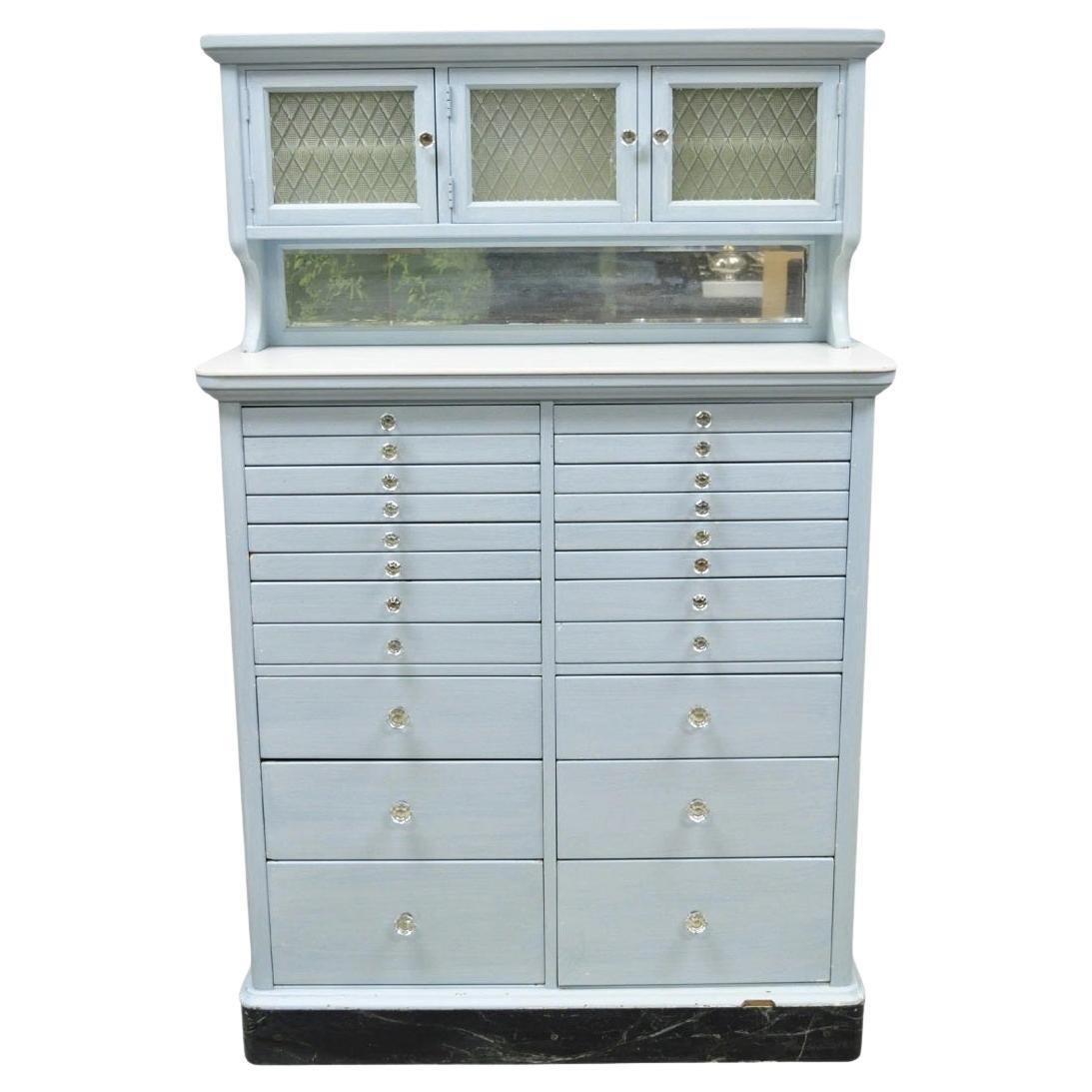 Antique Deco Medical Dental Cabinet Blue Painted w/Mirror and 22 Drawers en vente