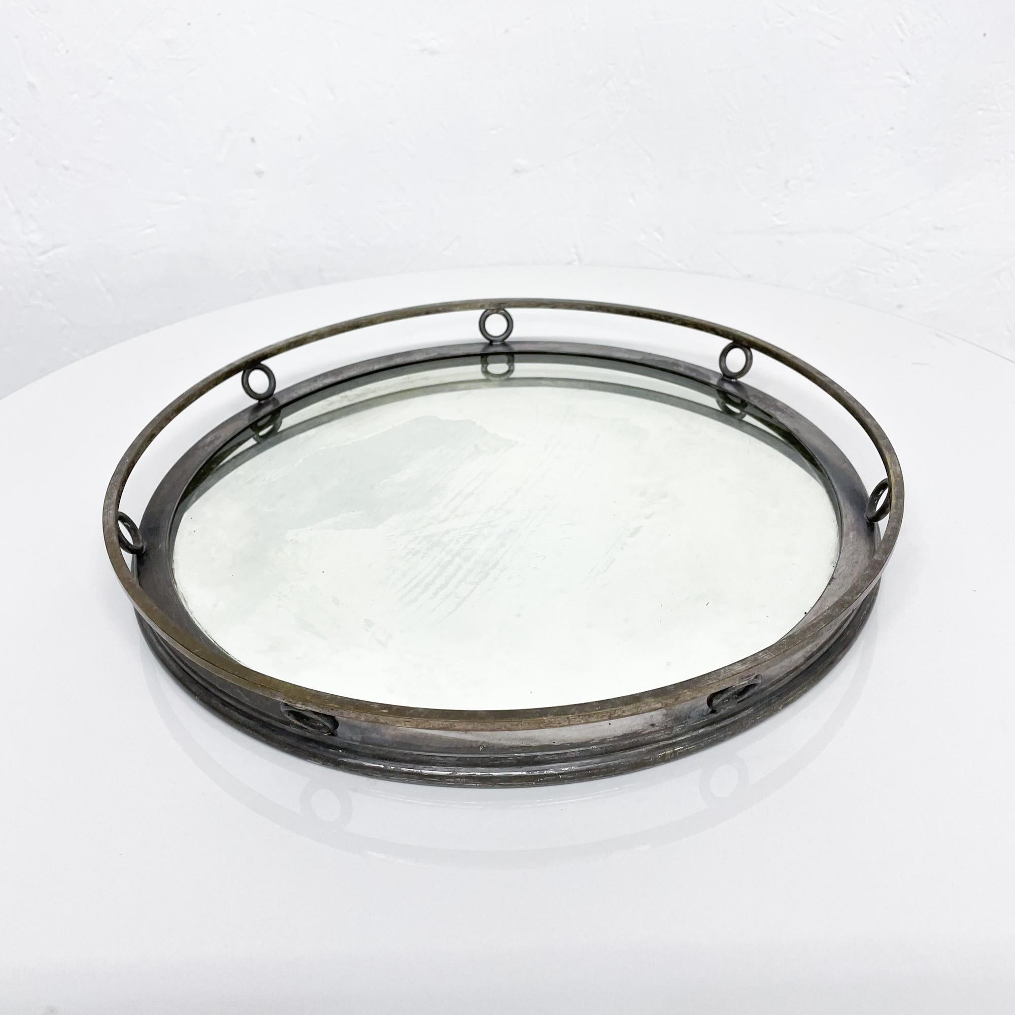 American Antique Art Deco Mirrored Circular Tray with Silver Plate Trim, 1950s, USA