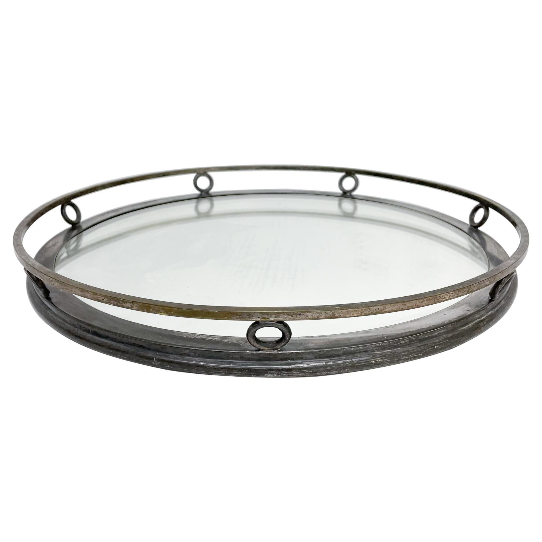 Antique Art Deco Mirrored Circular Tray with Silver Plate Trim, 1950s, USA