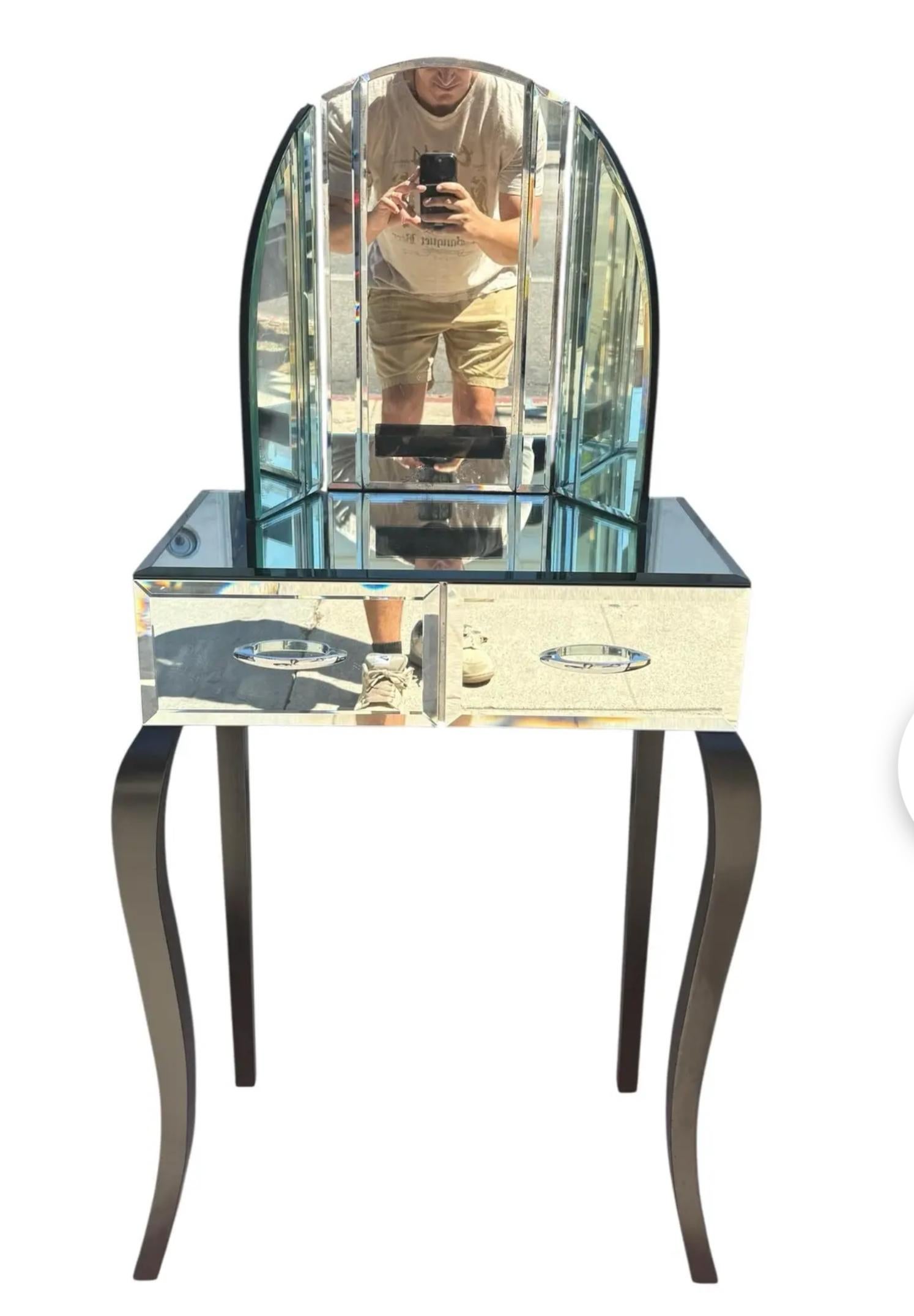 Antique Art Deco Mirrored Tri Fold Vanity Dressing Table For Sale 1