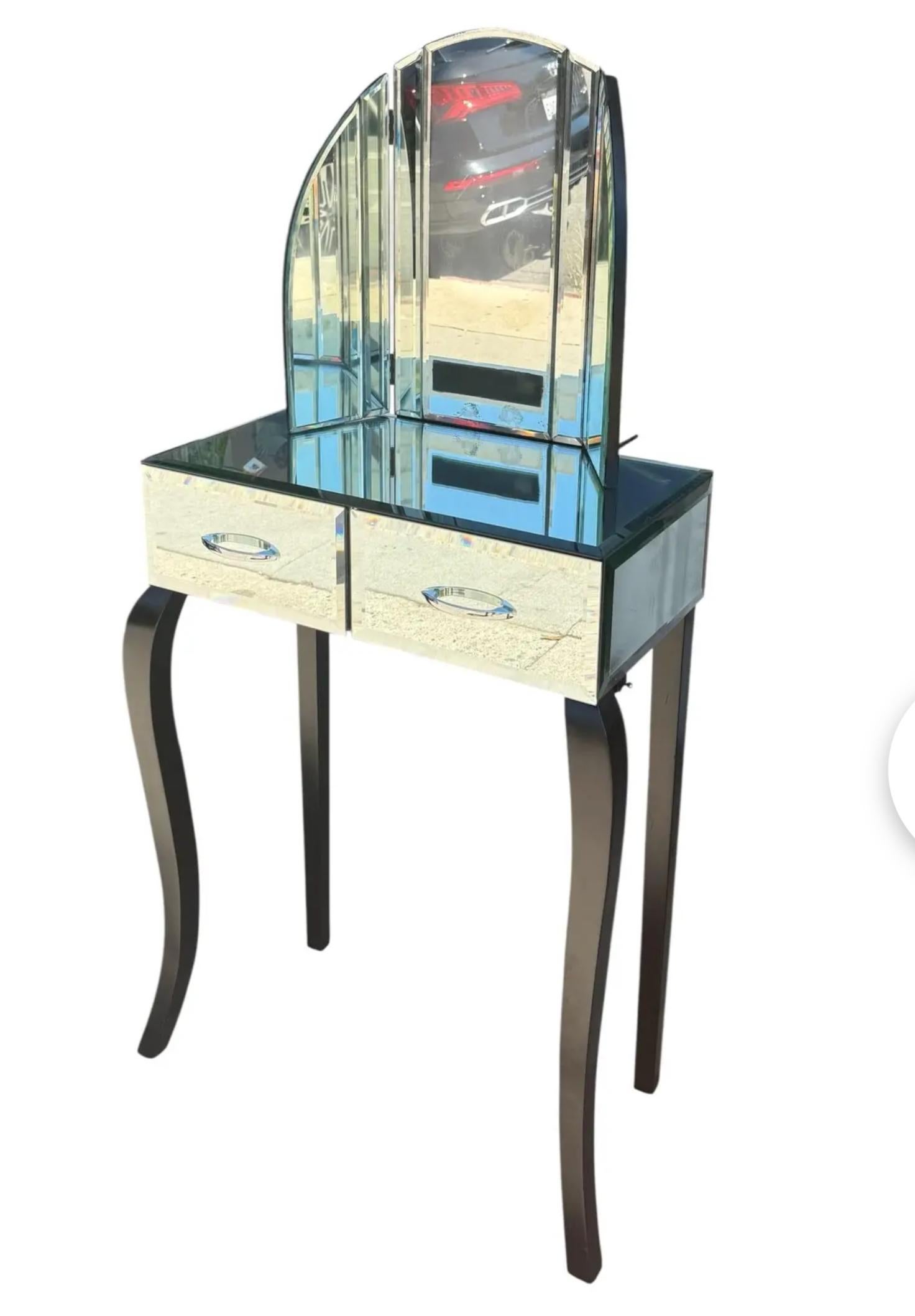 Antique Art Deco Mirrored Tri Fold Vanity Dressing Table For Sale 3