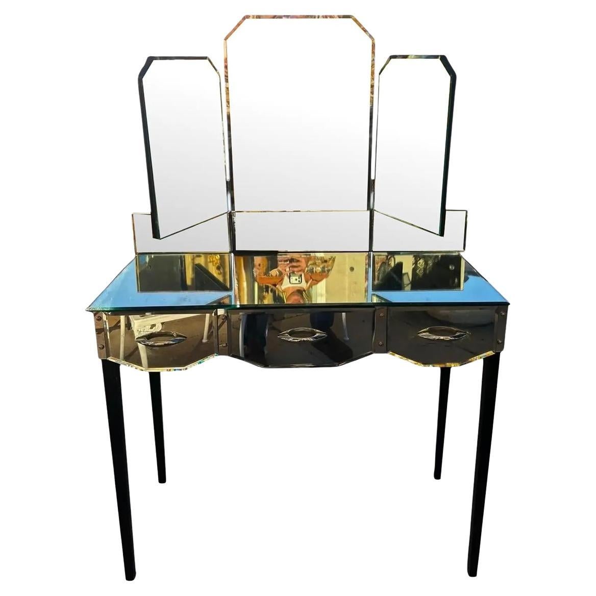 Antique Art Deco Mirrored Tri Fold Vanity Dressing Table For Sale
