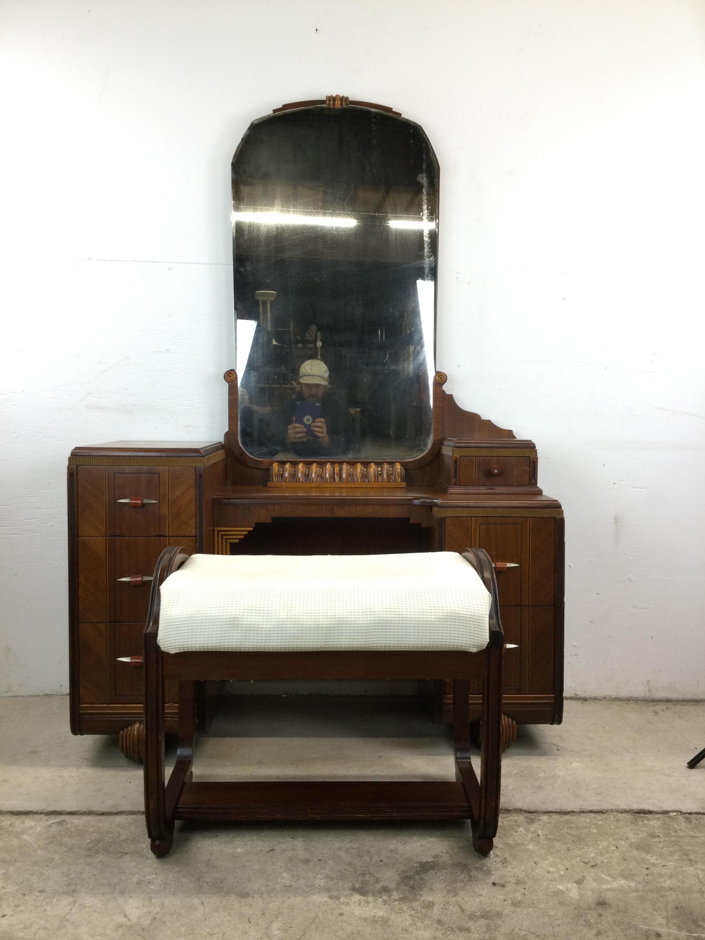 Antique Art Deco Mirrored Vanity with Stool For Sale 4