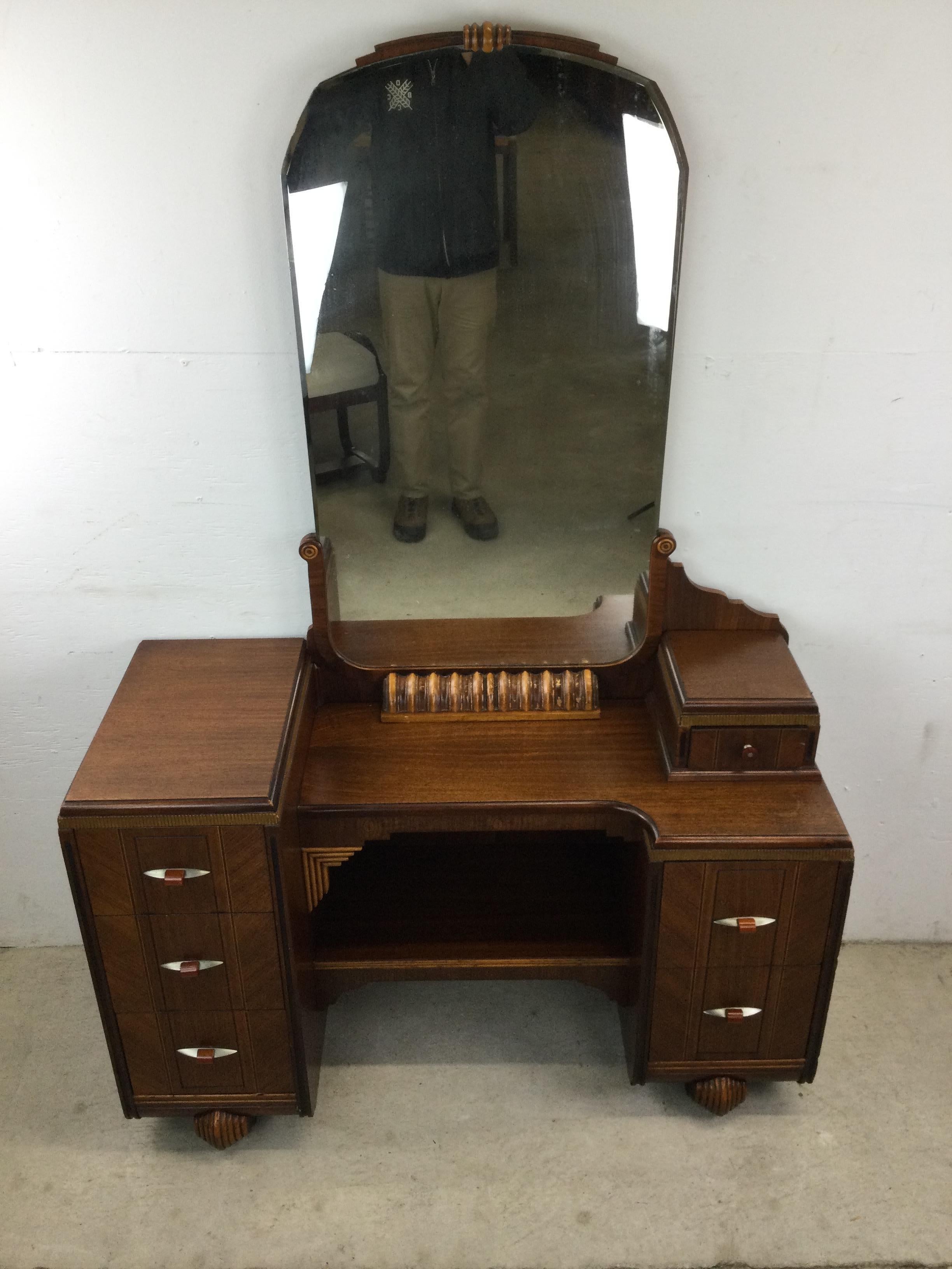 American Antique Art Deco Mirrored Vanity with Stool For Sale