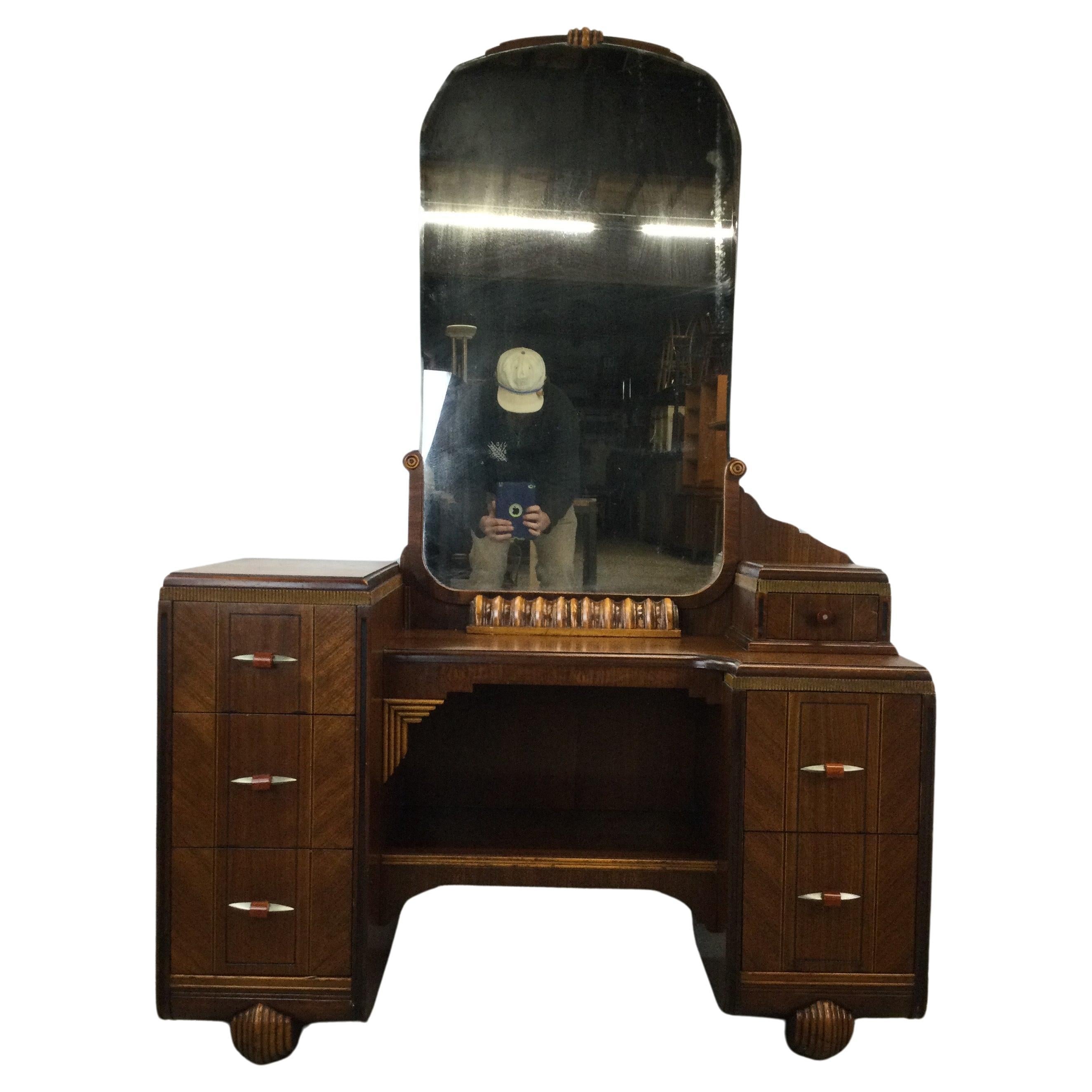 Antique Art Deco Mirrored Vanity with Stool For Sale