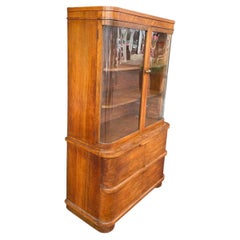 Antique Art Deco Moderne Walnut Vitrine Display Cabinet with Curved Glass Doors