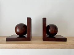 Antique Art Deco modernist geometric bookends in solid burl wood