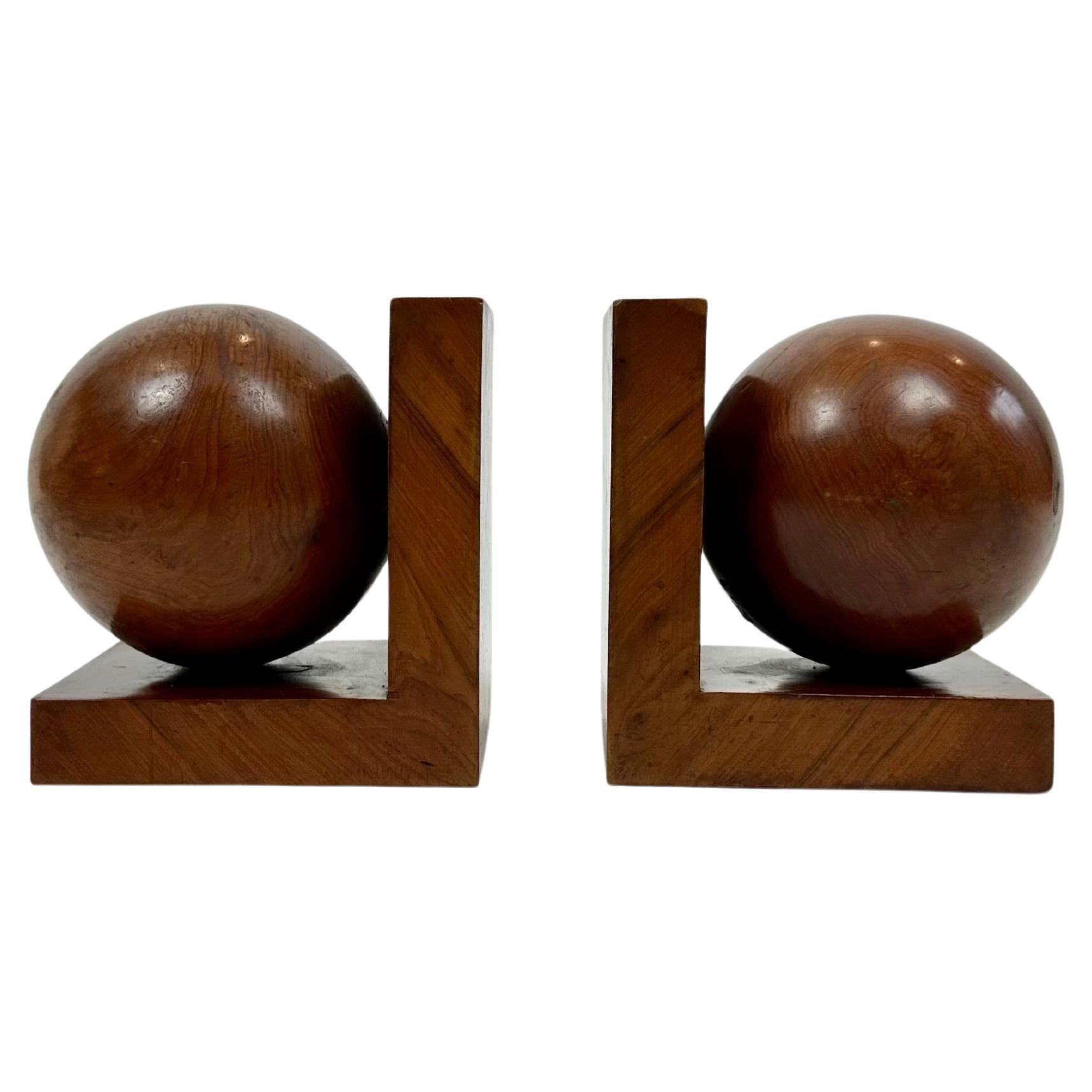 Antique Art Deco modernist geometric bookends in solid burl wood. France, c.1920
