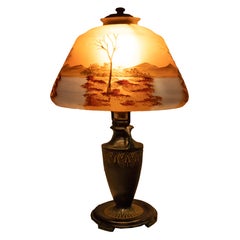 Antique Art Deco Moe Bridges Reverse Painted Landscape Boudoir Table Lamp 1920