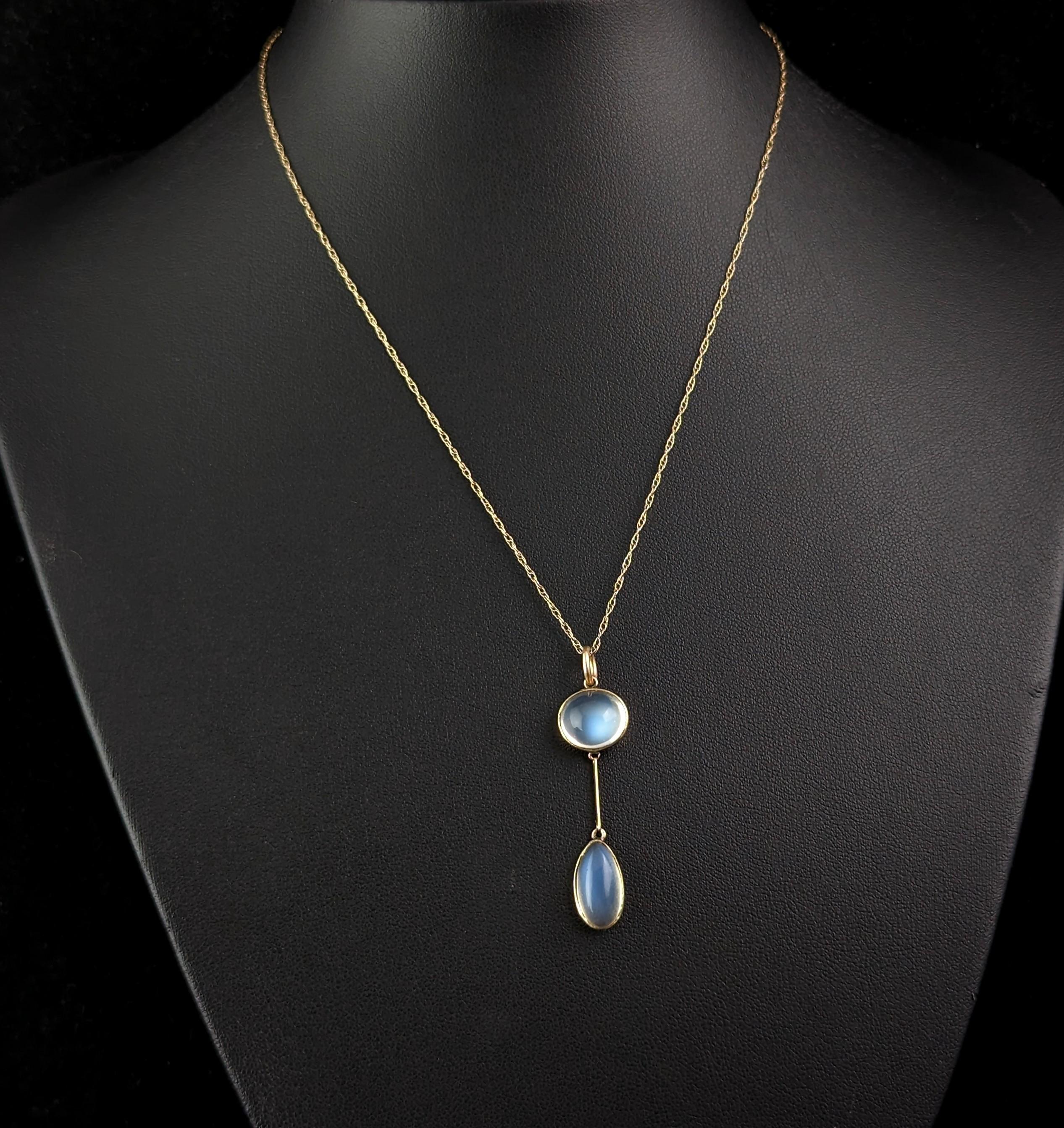 Antique Art Deco Moonstone pendant necklace, 9k gold  1