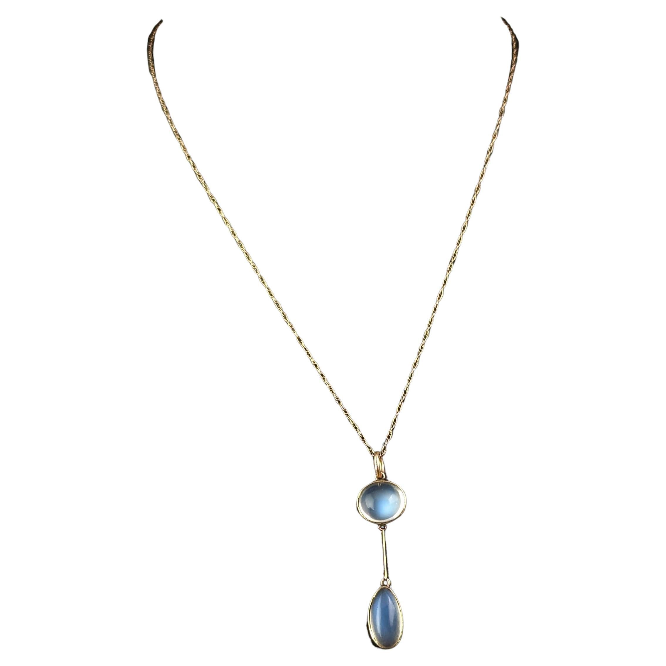 Antique Art Deco Moonstone pendant necklace, 9k gold 