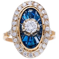 Retro, Art Deco, Natural Sapphire and Diamond Cluster Engagement Ring