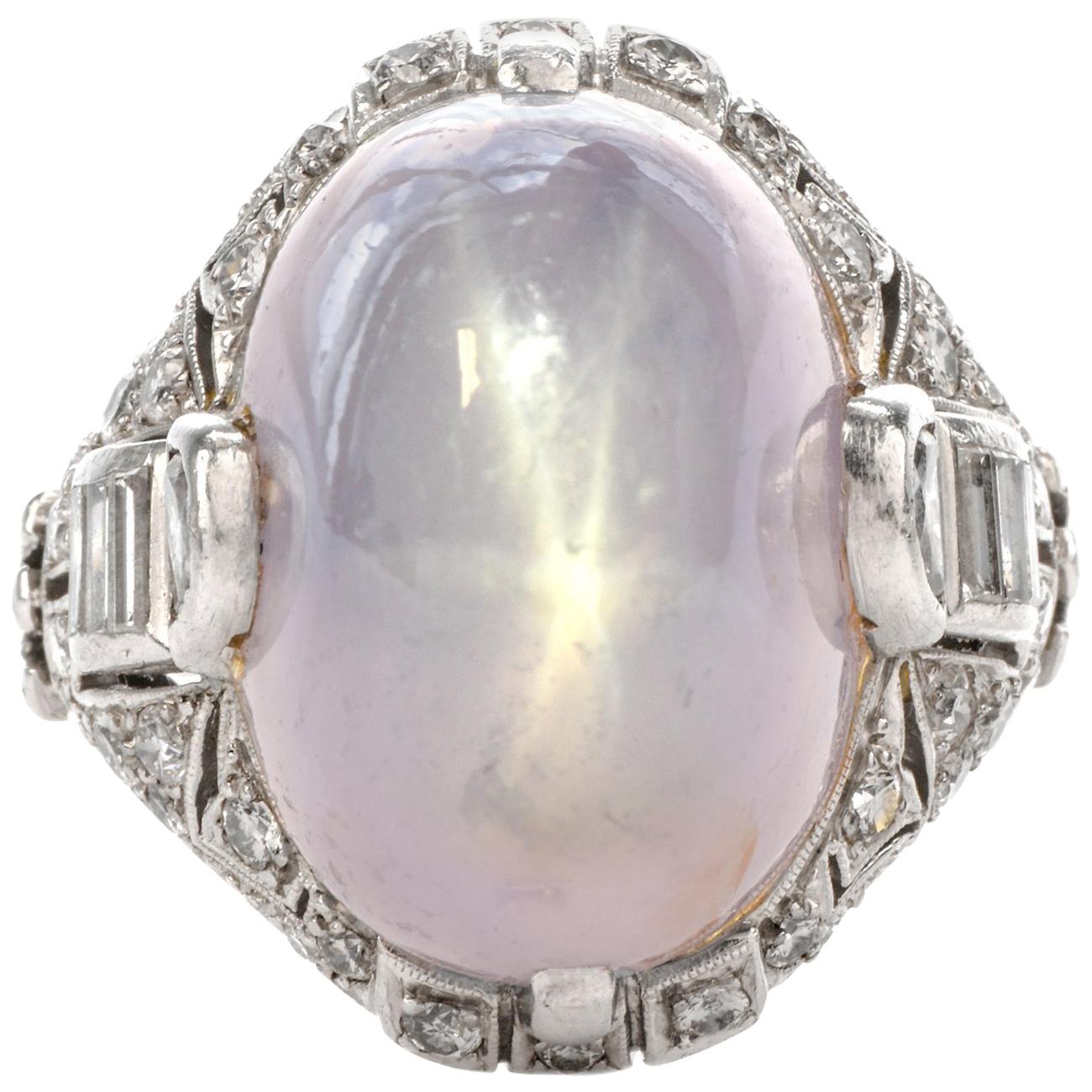 Antique Art Deco Natural Star Sapphire Diamond Platinum Cocktail Ring