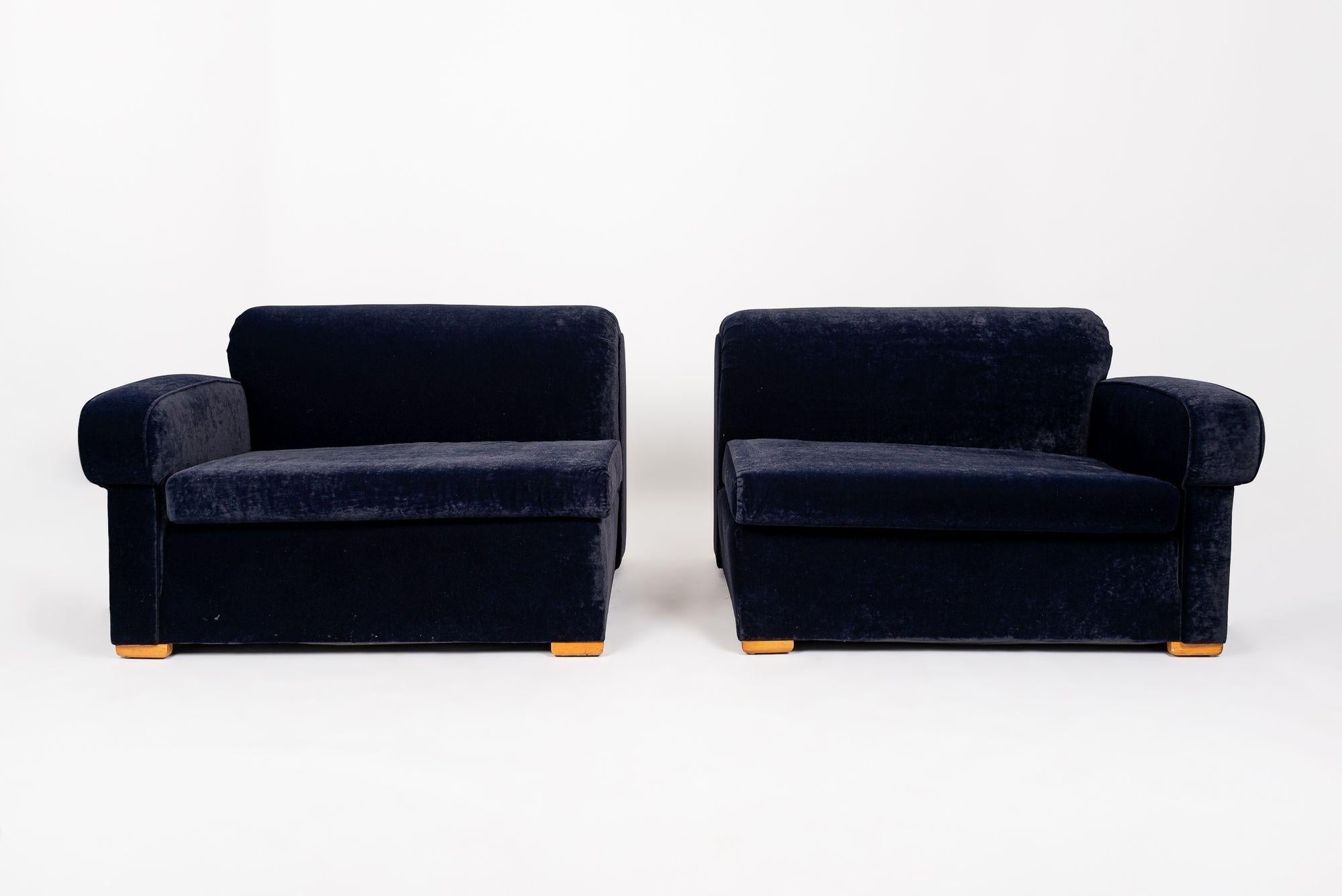 Antique Art Deco Navy Blue Velvet Sofa Couch 1940s For Sale 4
