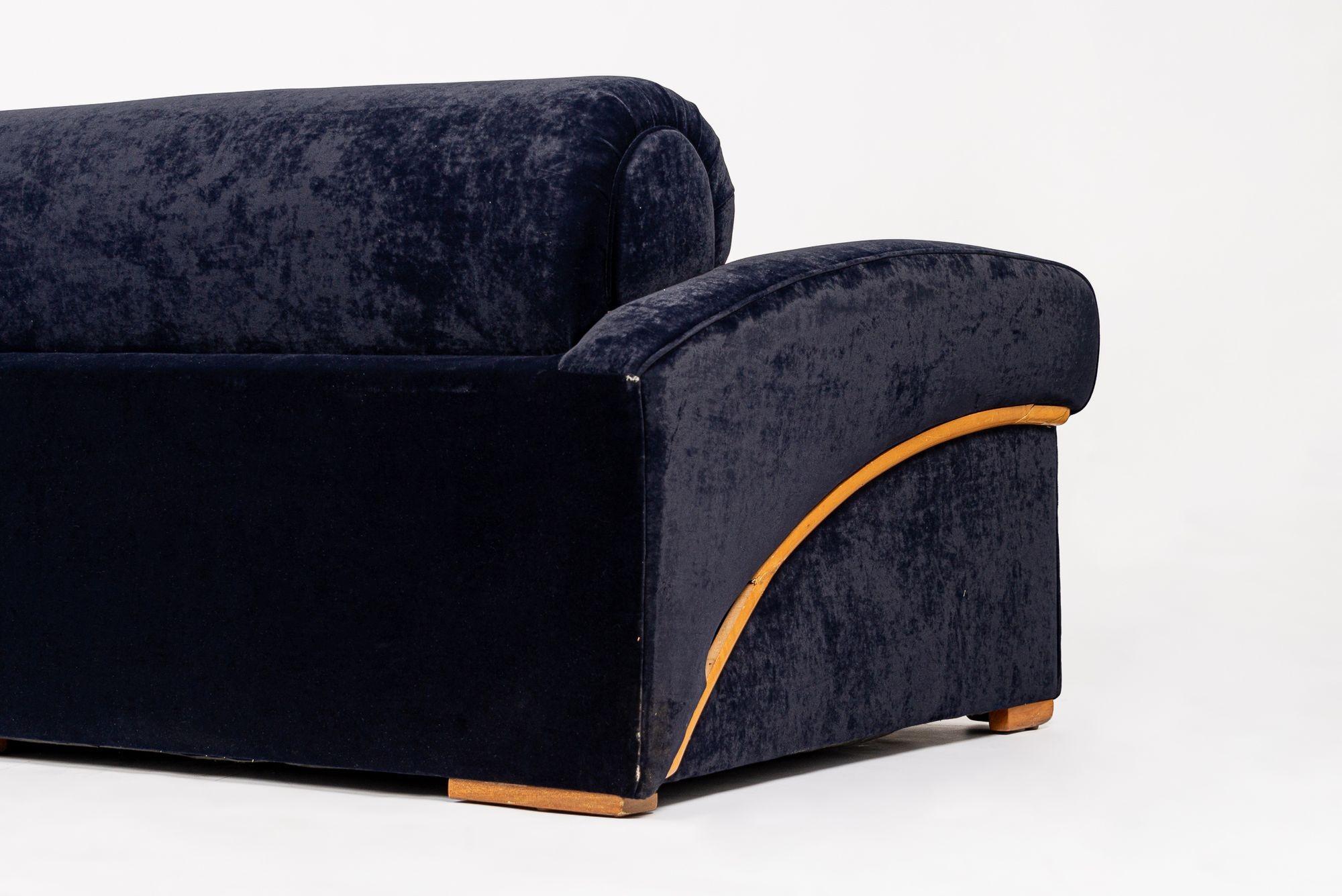 Antique Art Deco Navy Blue Velvet Sofa Couch 1940s For Sale 5