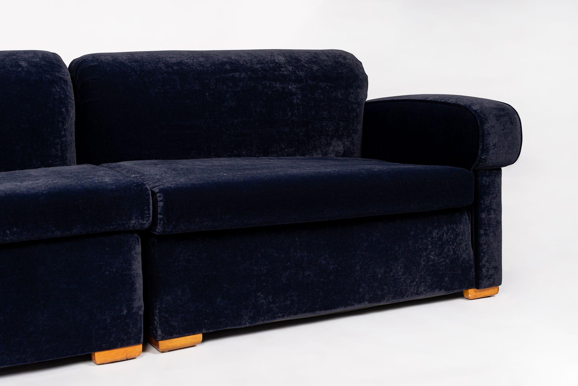 Antique Art Deco Navy Blue Velvet Sofa Couch 1940s For Sale 6