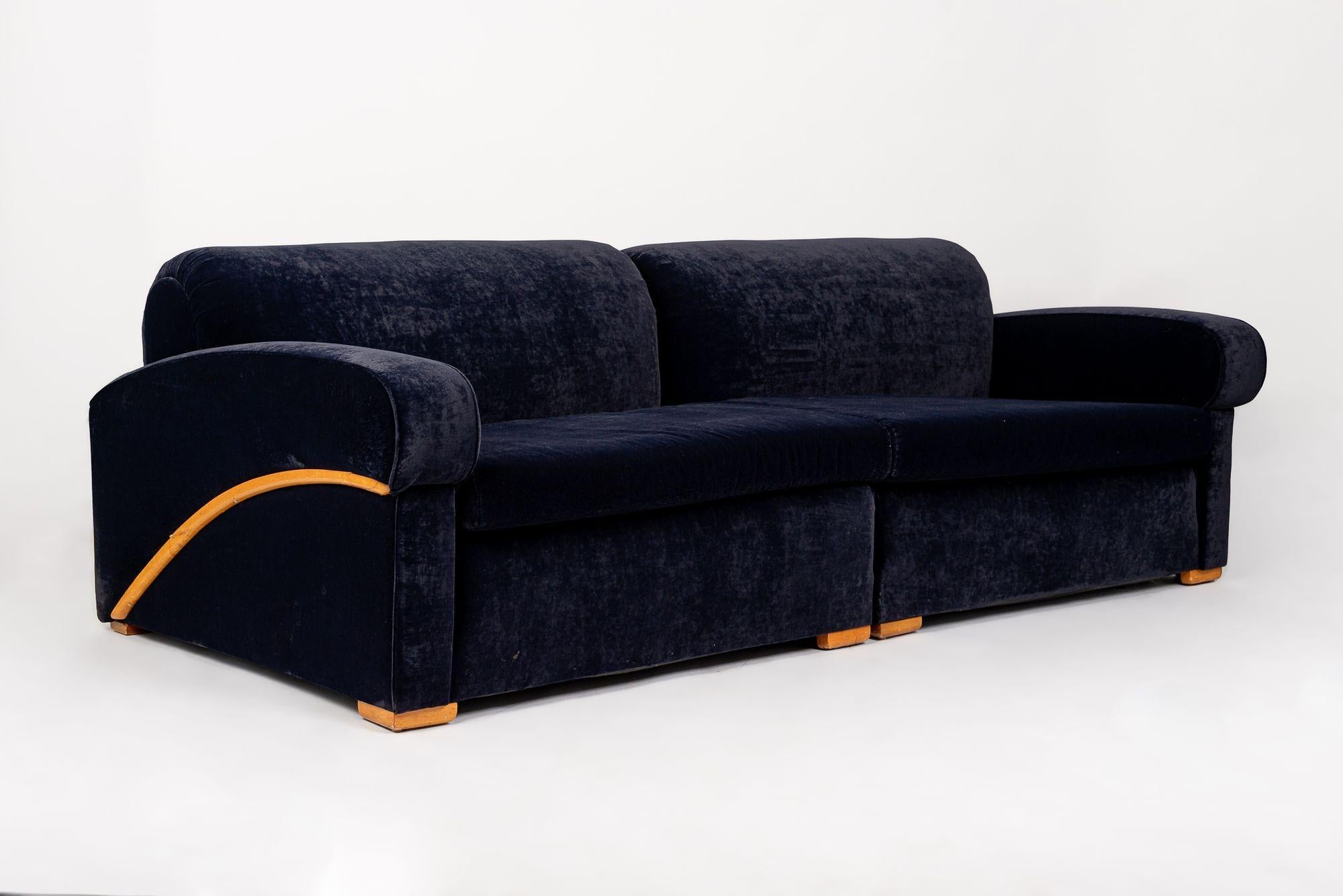 American Antique Art Deco Navy Blue Velvet Sofa Couch 1940s For Sale