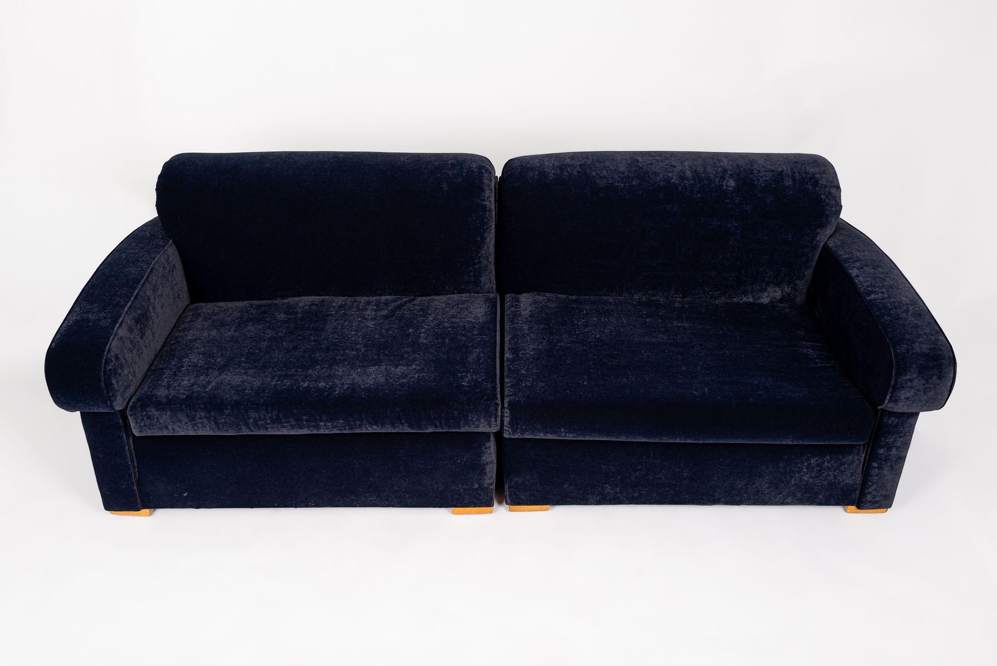 Mid-20th Century Antique Art Deco Navy Blue Velvet Sofa Couch 1940s For Sale