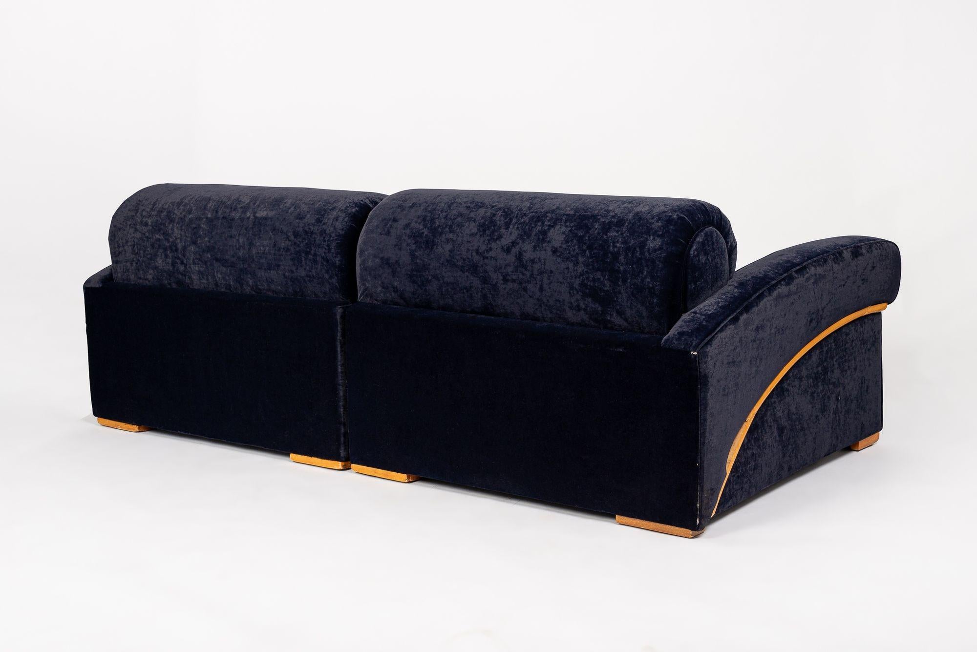 Fabric Antique Art Deco Navy Blue Velvet Sofa Couch 1940s For Sale