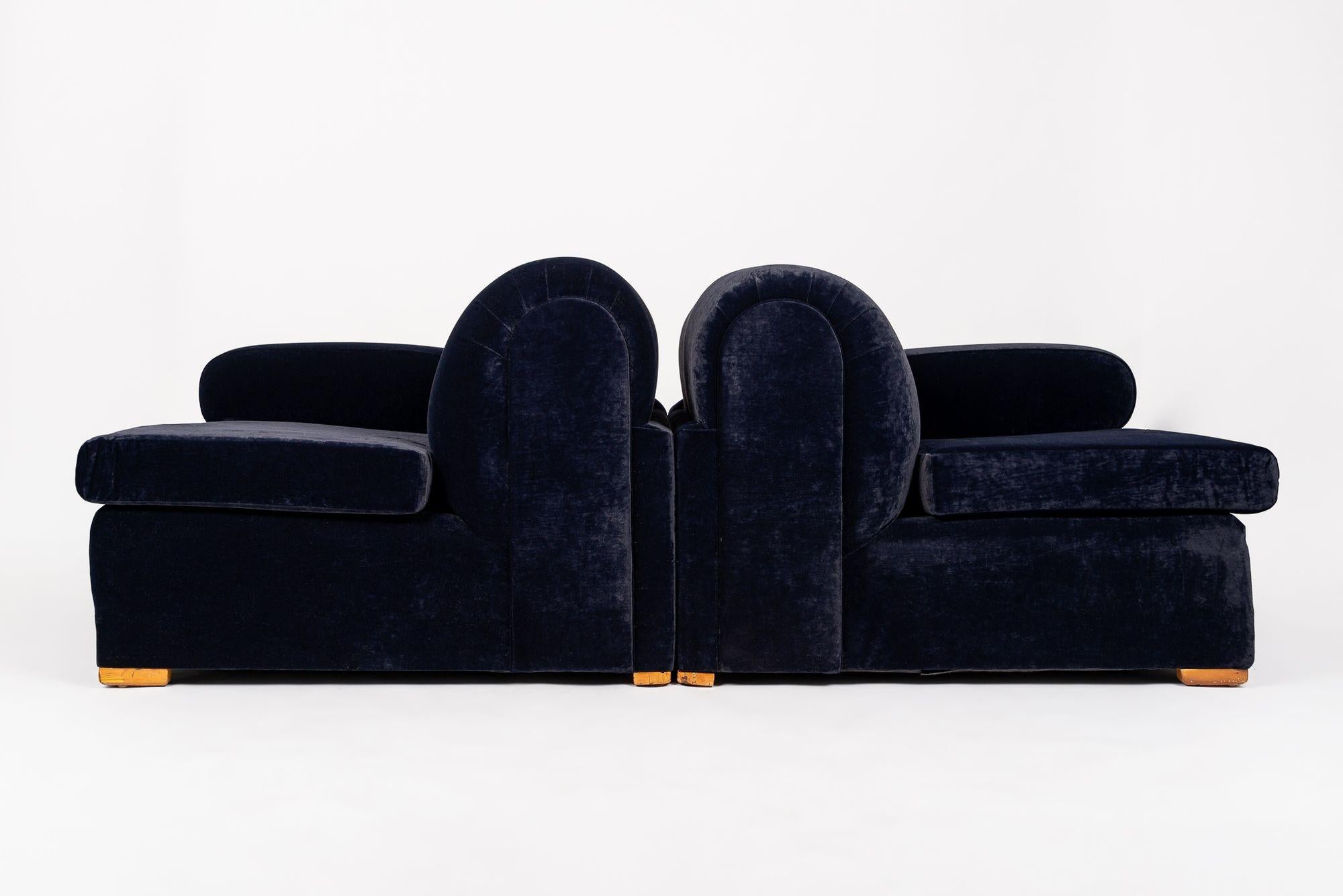 Antique Art Deco Navy Blue Velvet Sofa Couch 1940s For Sale 1