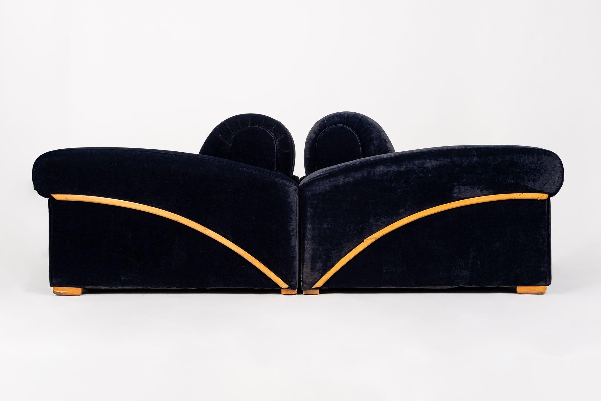 Antique Art Deco Navy Blue Velvet Sofa Couch 1940s For Sale 2