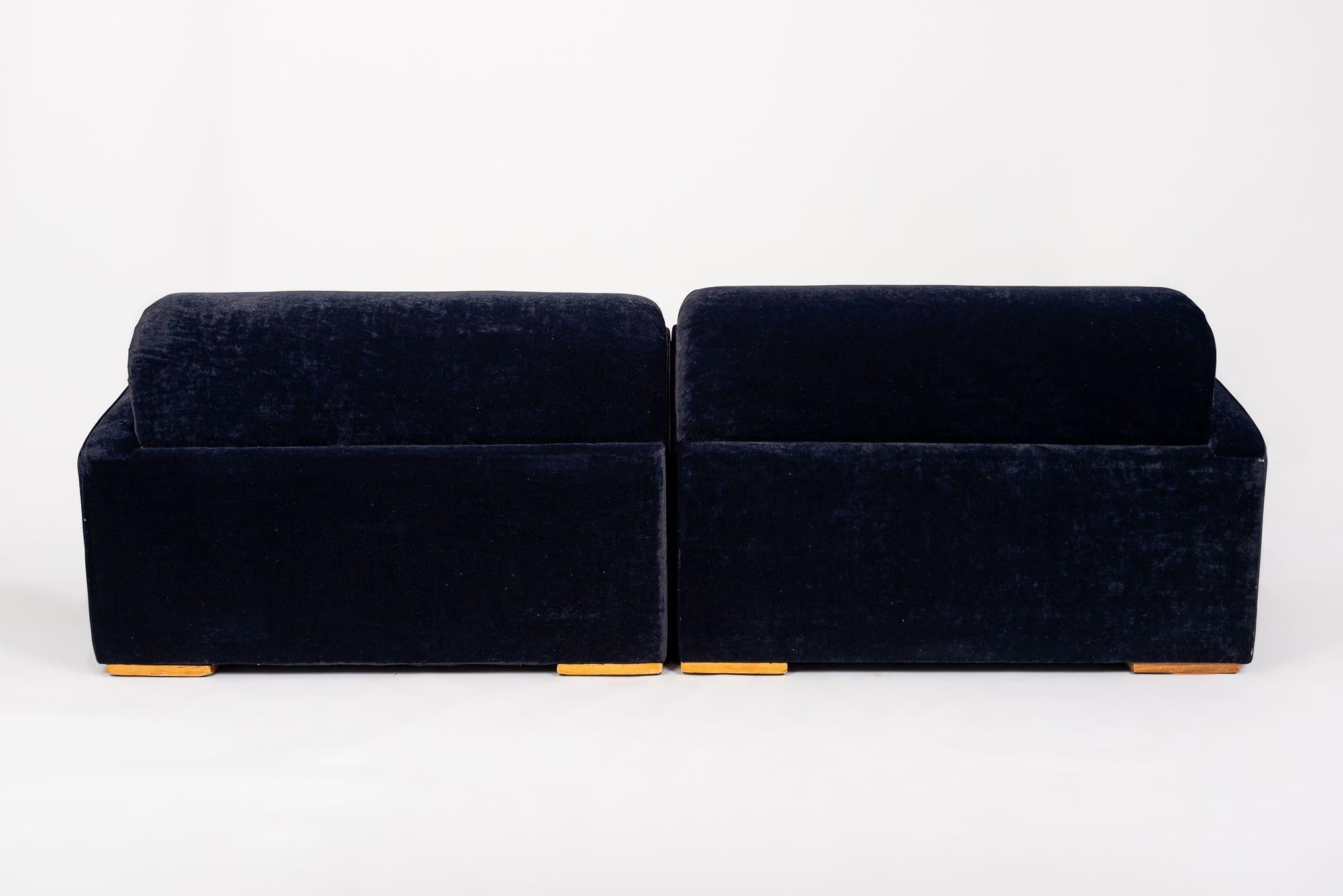 Antique Art Deco Navy Blue Velvet Sofa Couch 1940s For Sale 3
