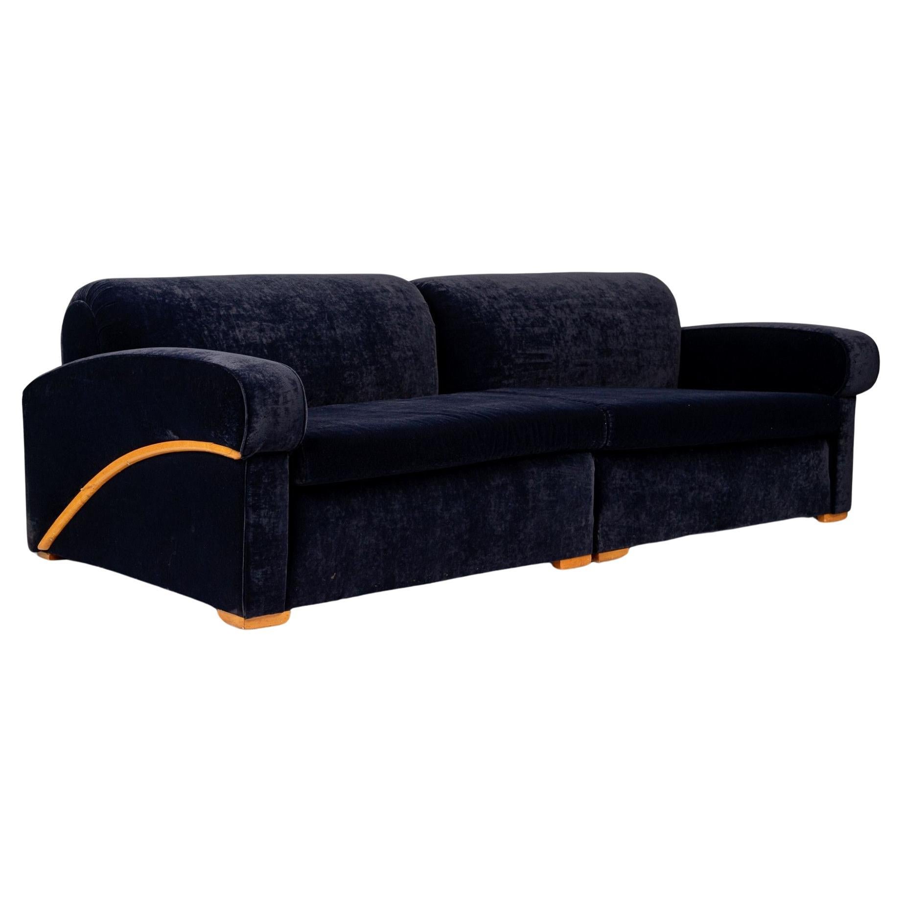 Antique Art Deco Navy Blue Velvet Sofa Couch 1940s For Sale