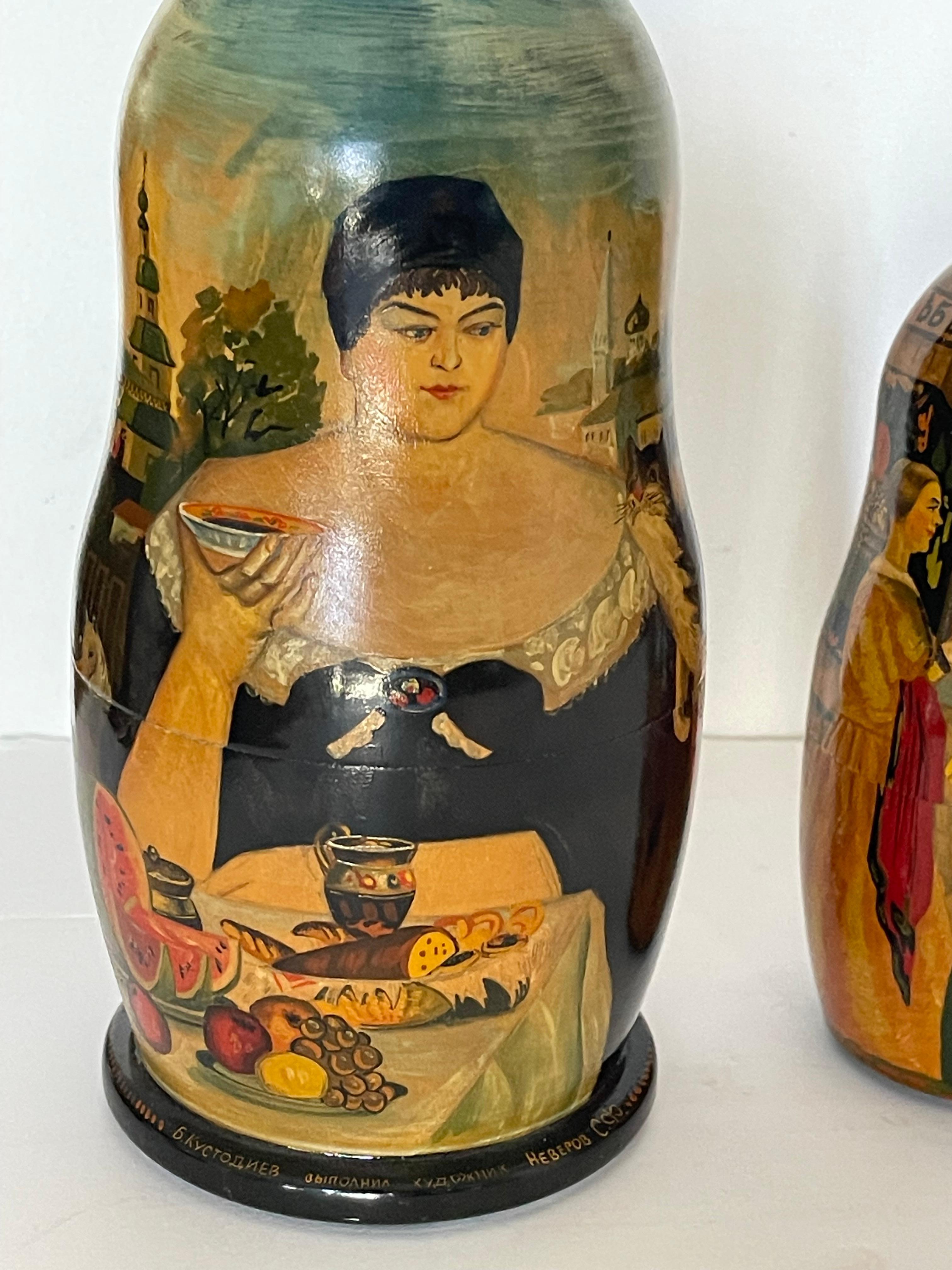 Antiguas cajas nido Art Decó pintadas a mano según Kustodiev Ruso en venta