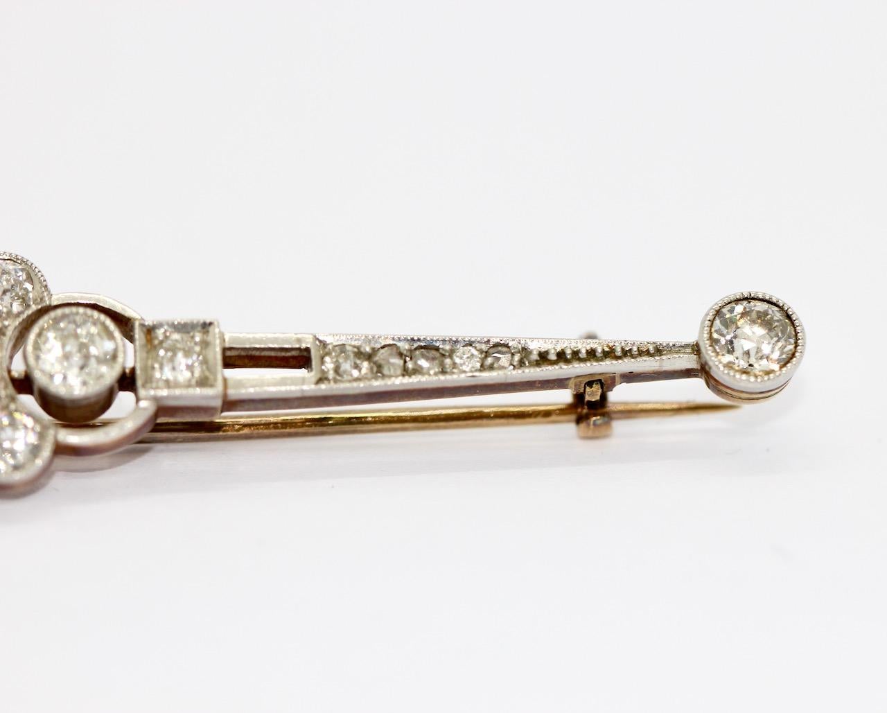 Antique Art Deco, Nouveau, Gold and Platinum Bar Brooch with Diamonds and Pearl For Sale 5